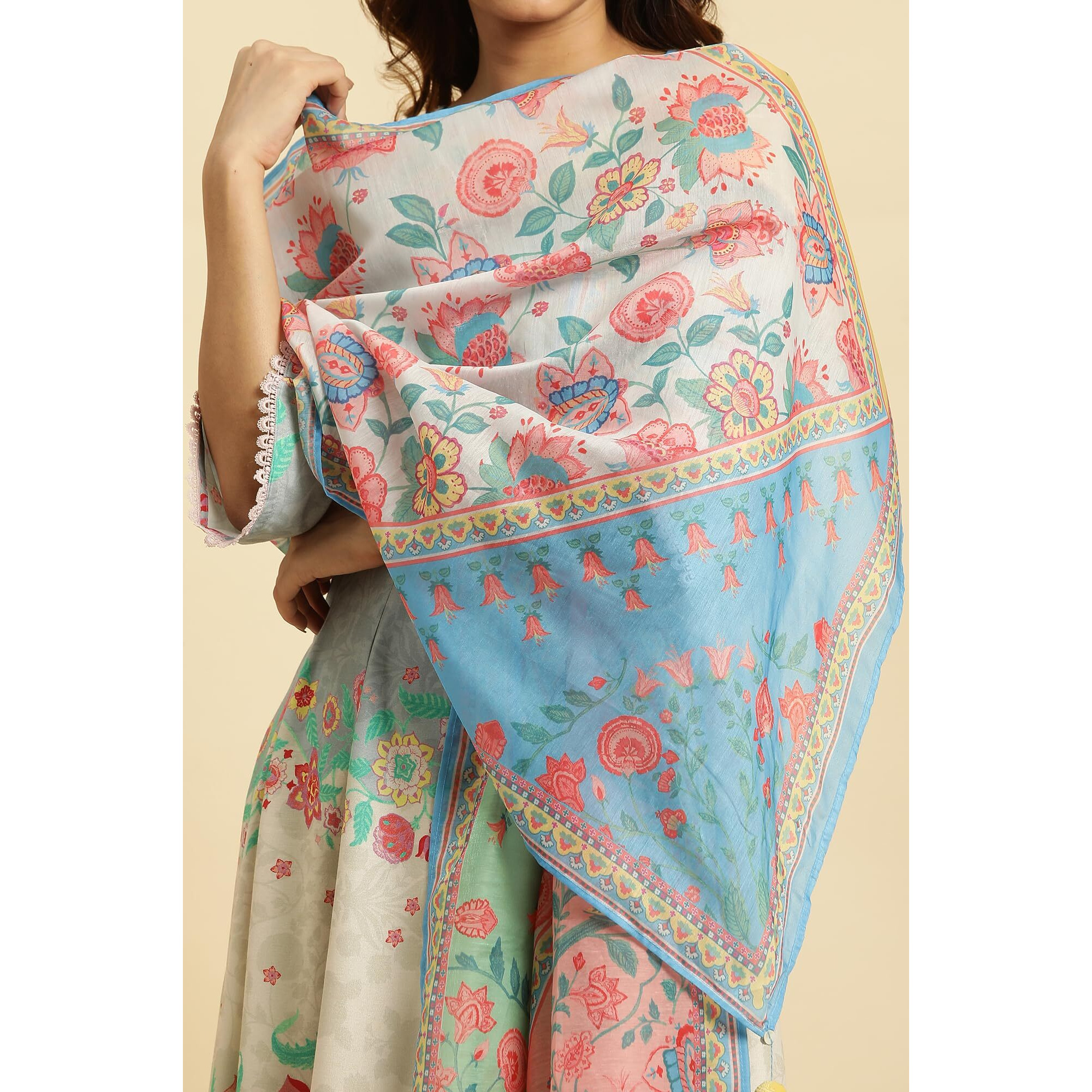 W For Woman Women's Multicolour Floral Printed Chanderi Dupatta_23Auw82051-121293_Free Size_Wfs, Multicolor