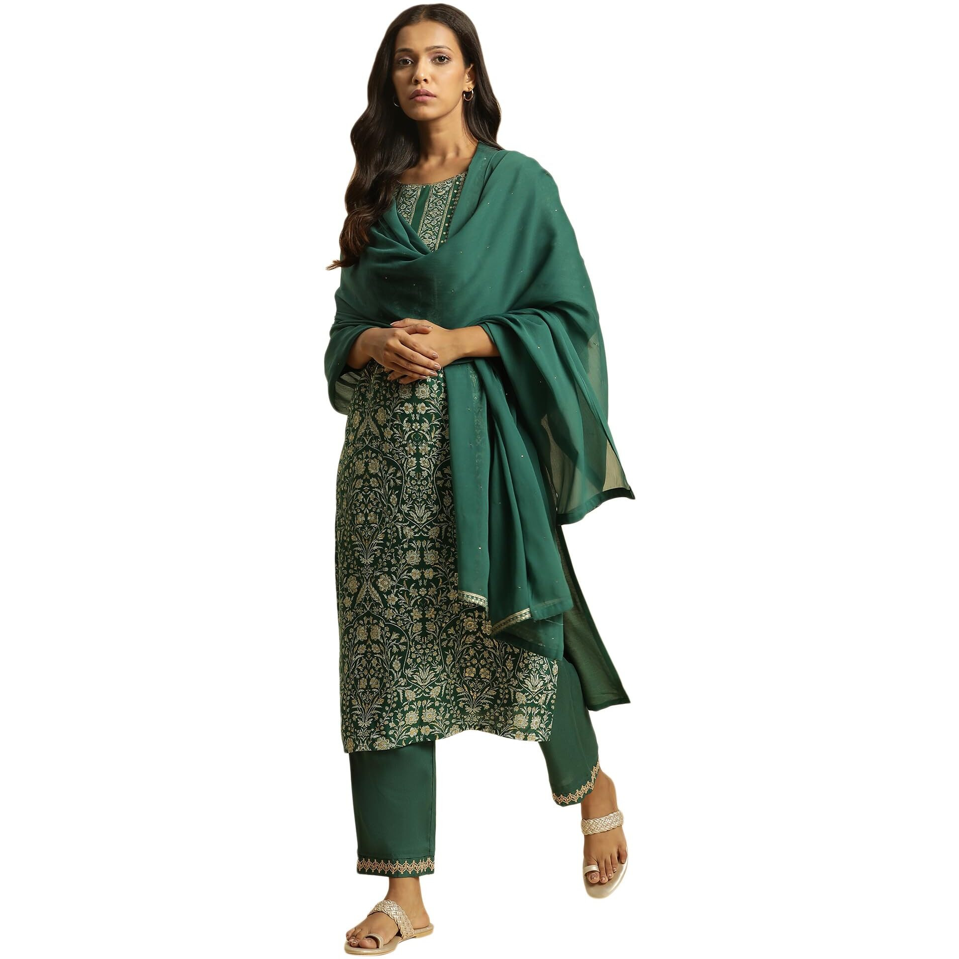 W For Woman Women's Green Solid Chiffon Dupatta_23Auw82071-220051_Free Size