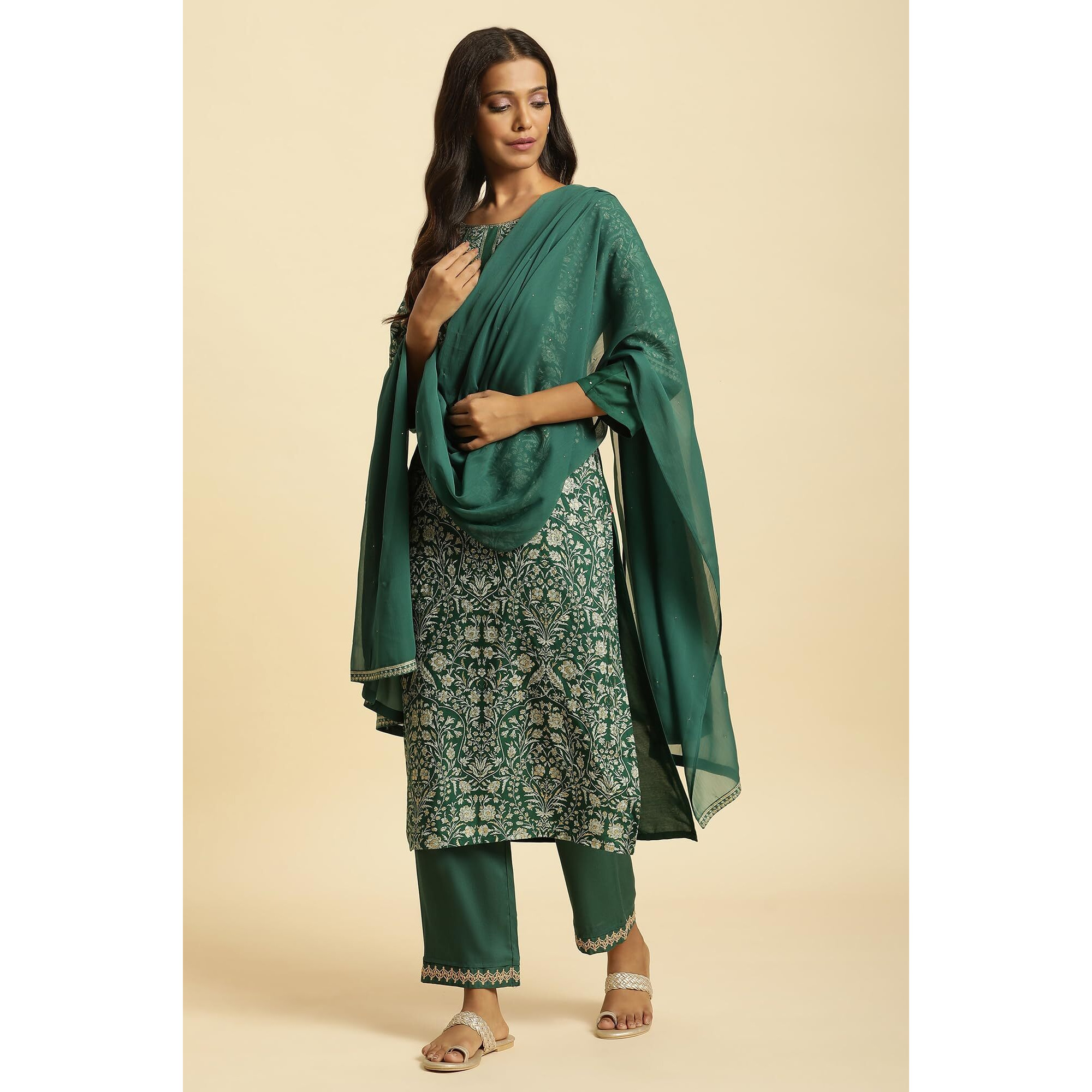 W For Woman Women's Green Solid Chiffon Dupatta_23Auw82071-220051_Free Size