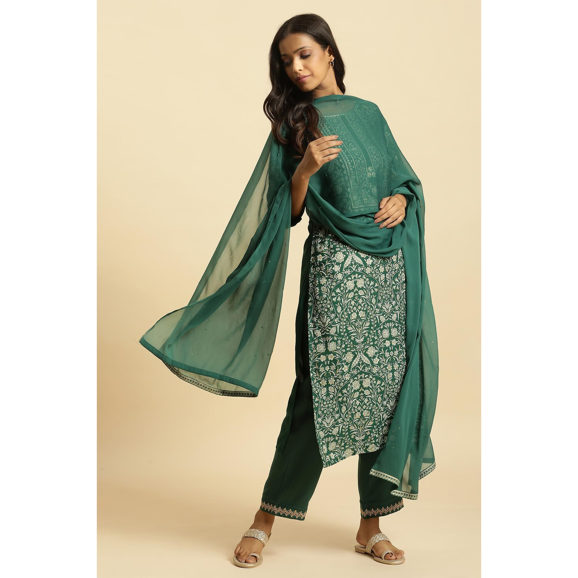 W For Woman Women's Green Solid Chiffon Dupatta_23Auw82071-220051_Free Size