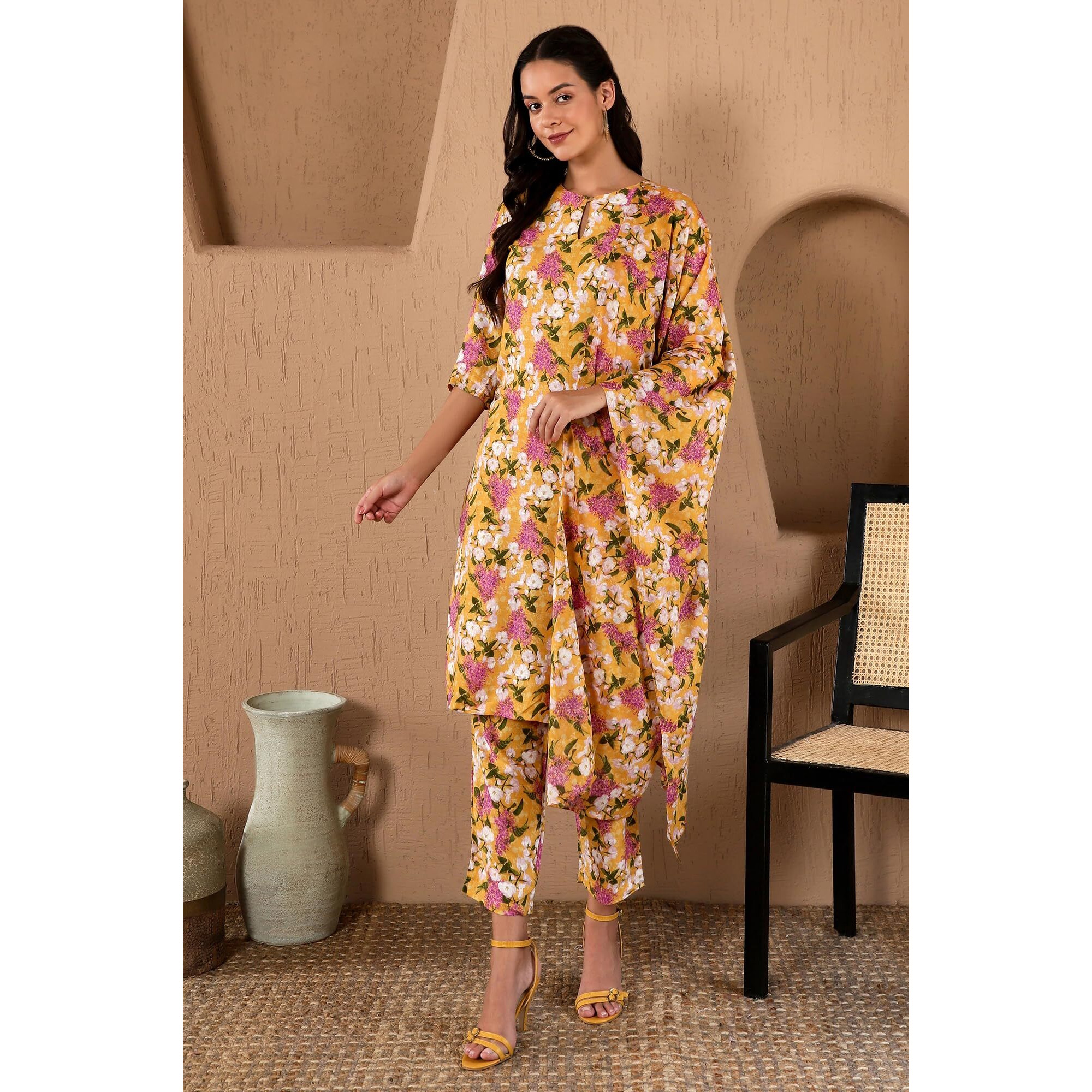 W For Woman Yellow Floral Printed Keyhole Neck Kurta And Pants Co-Ord Set With Dupatta
