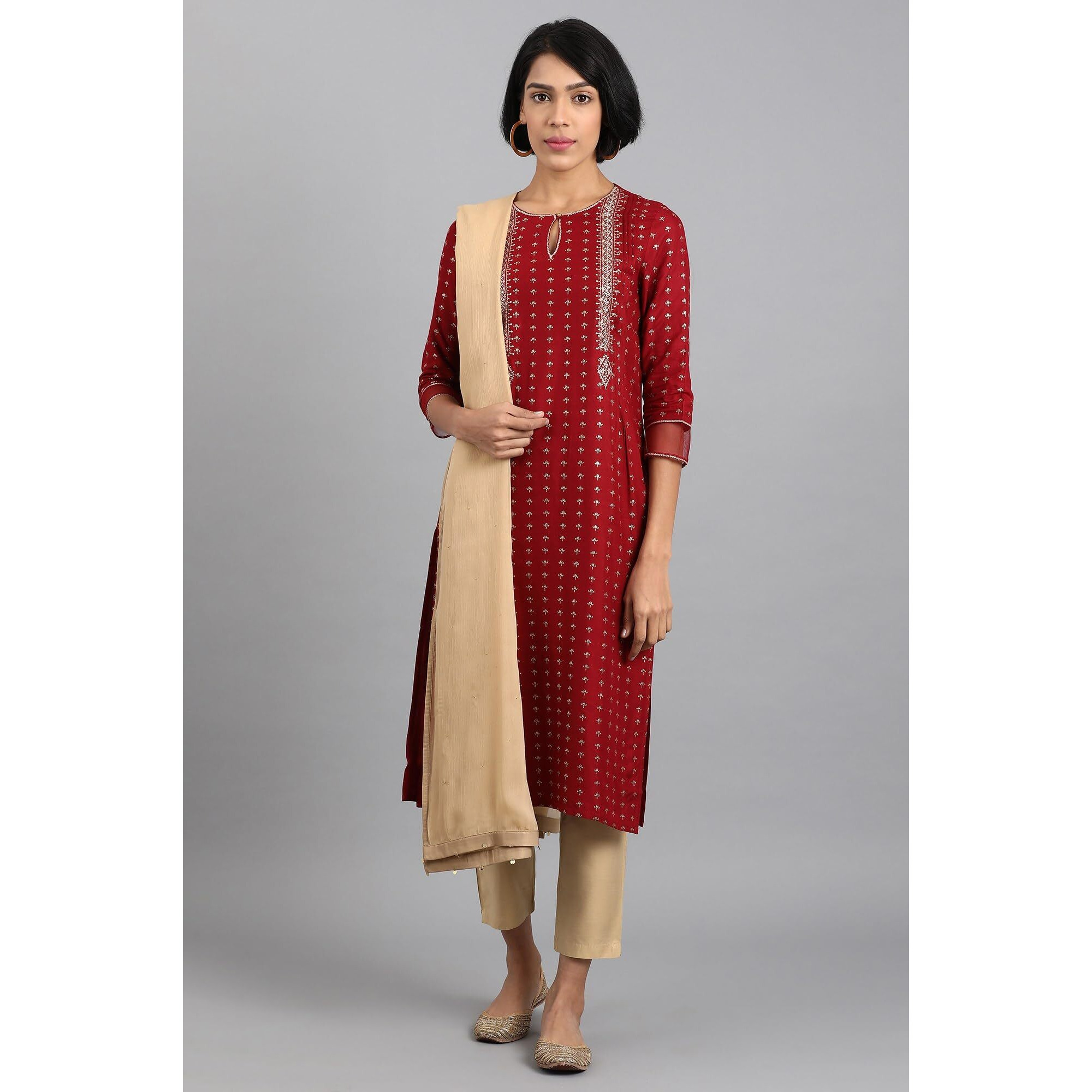 W For Woman Women Golden Chiffon Dupatta With Sequin,Free Size,Cream