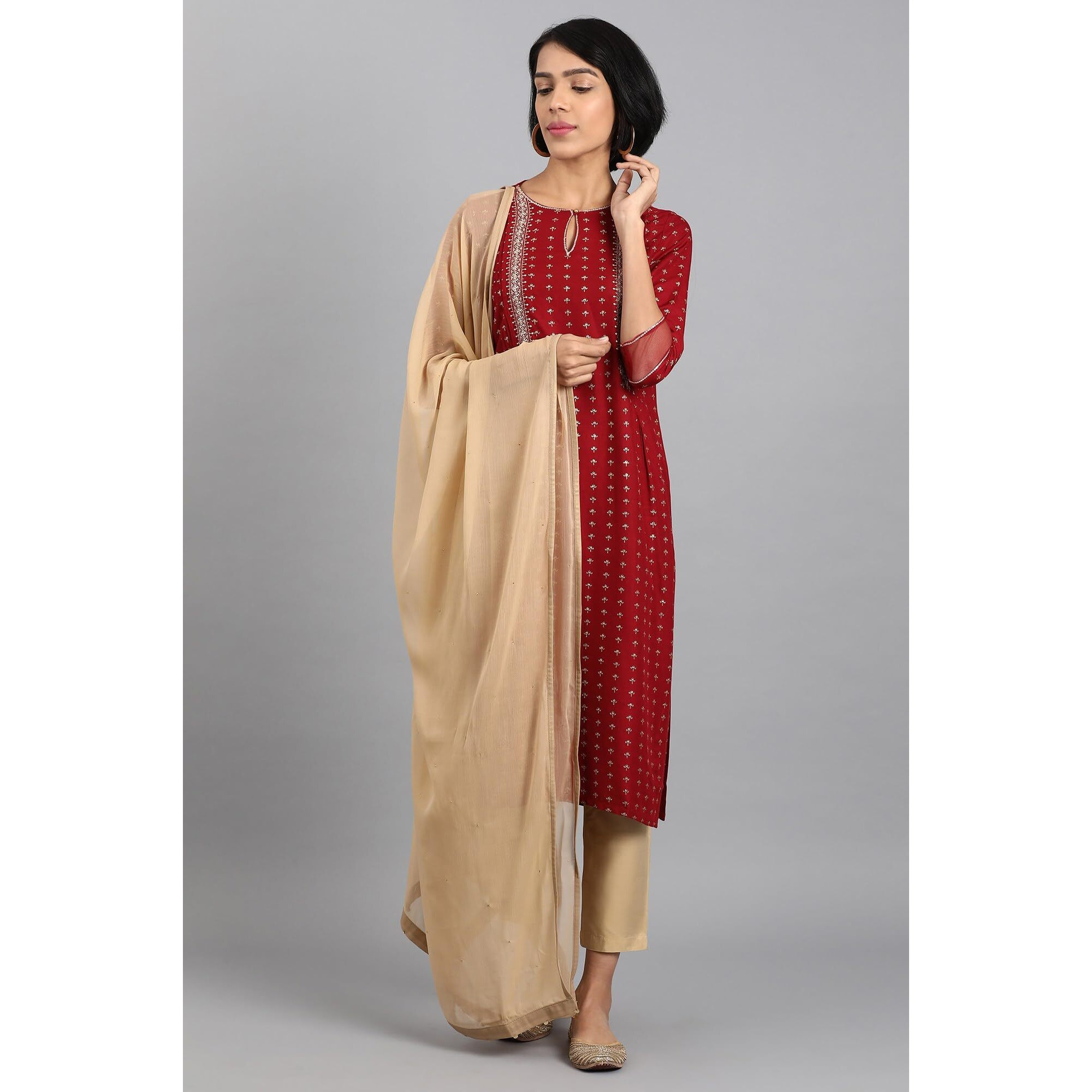 W For Woman Women Golden Chiffon Dupatta With Sequin,Free Size,Cream