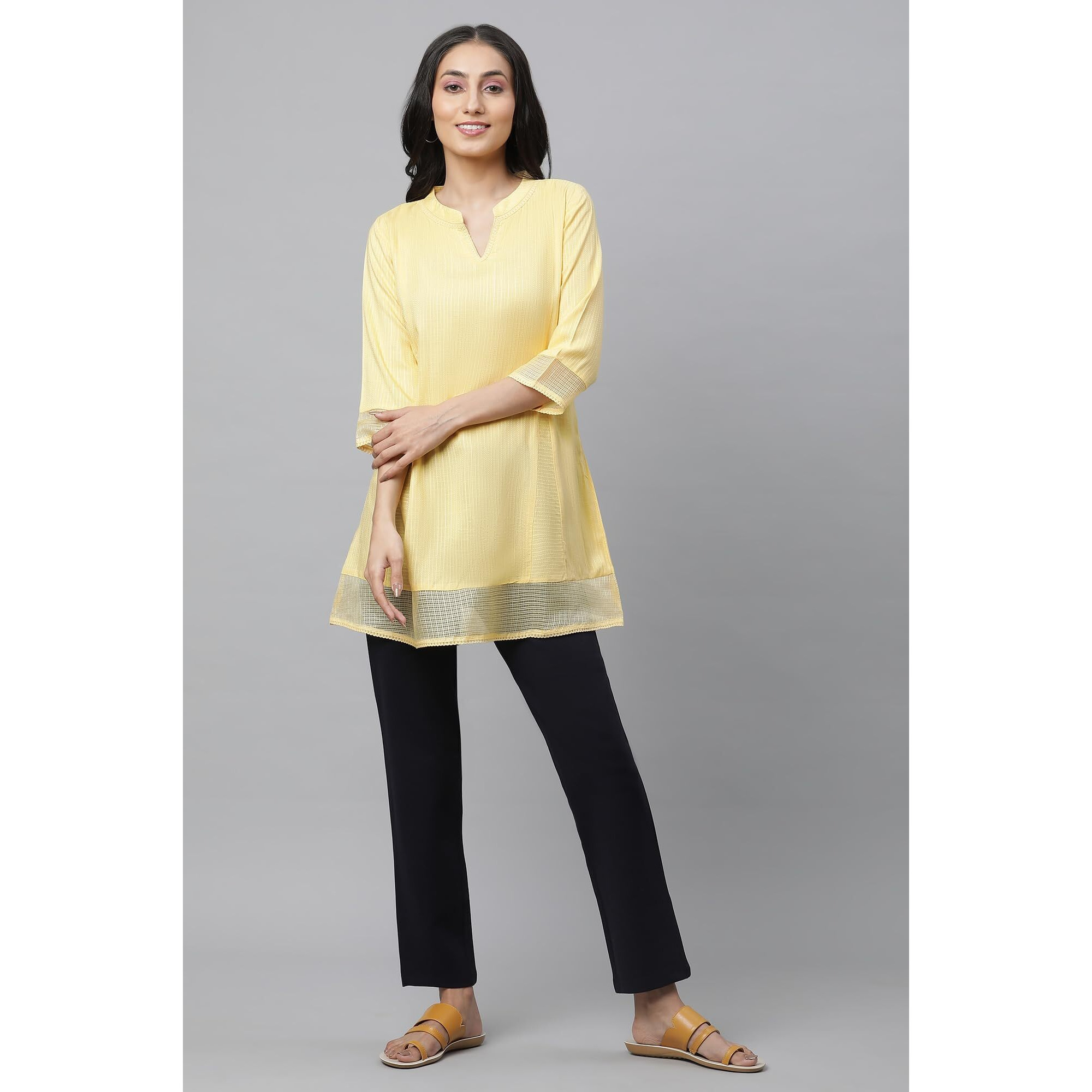 Aurelia Womens Solid A-Line Kurti | V-Neck Kurti For Women | Solid Kurti For Women | Beautiful Regular Fit Kurti For Women Yellow