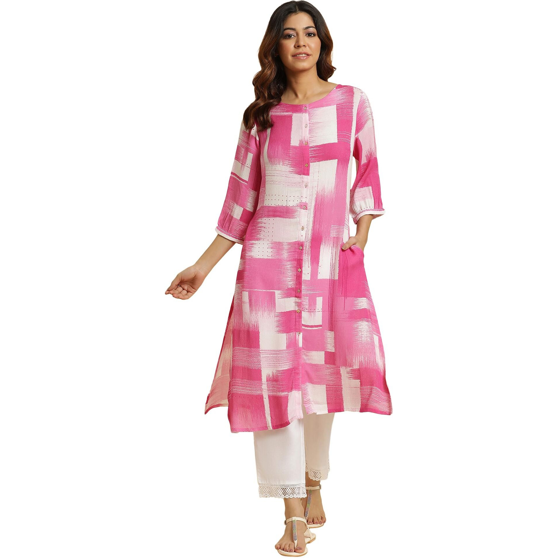 W For Woman Pink & White Abstract Print Kurta (Size Xs)-23Auw19905-122732