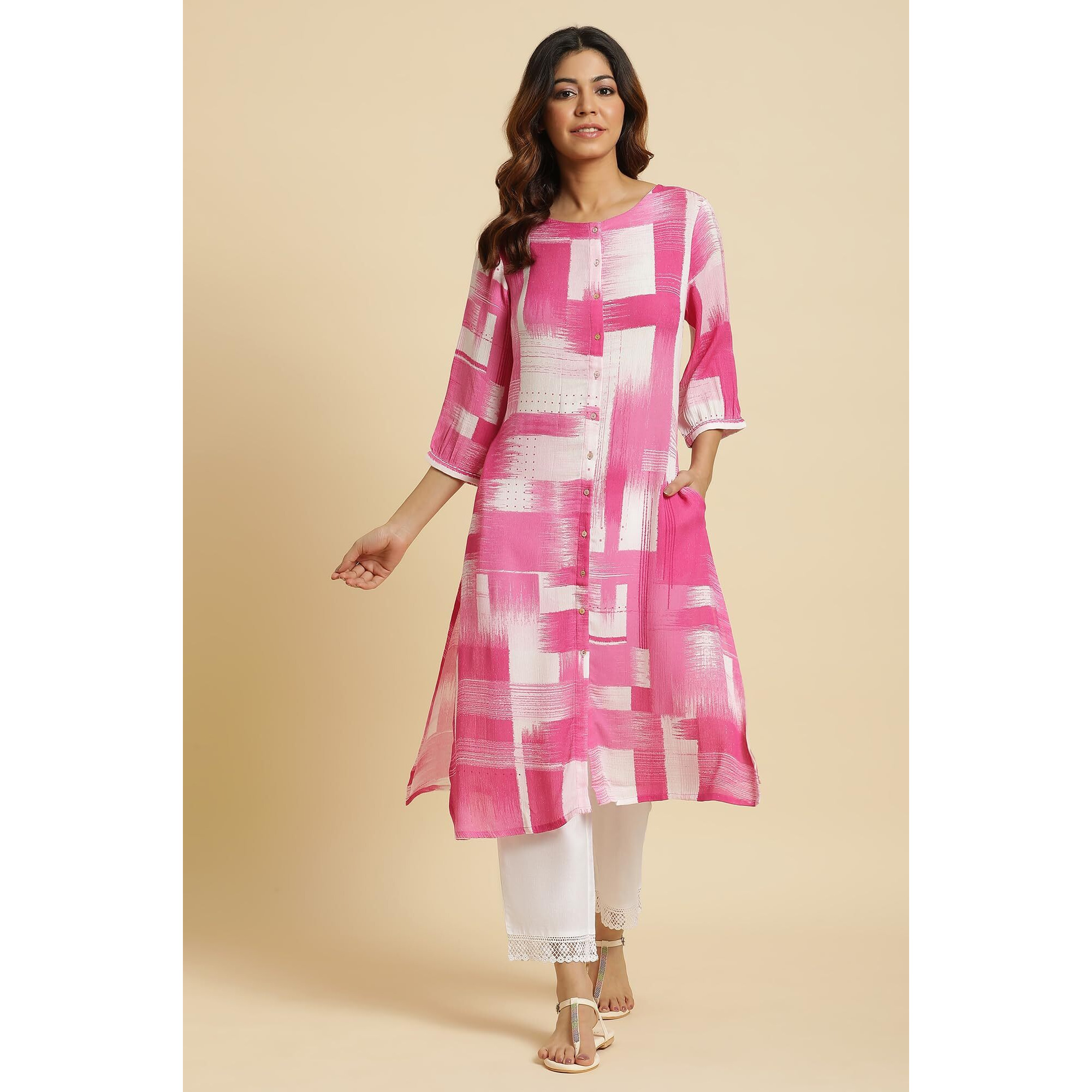 W For Woman Pink & White Abstract Print Kurta (Size Xs)-23Auw19905-122732