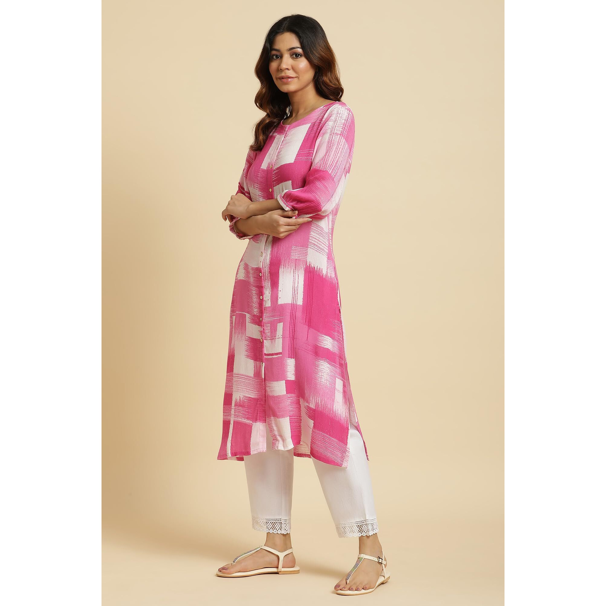 W For Woman Pink & White Abstract Print Kurta (Size Xs)-23Auw19905-122732