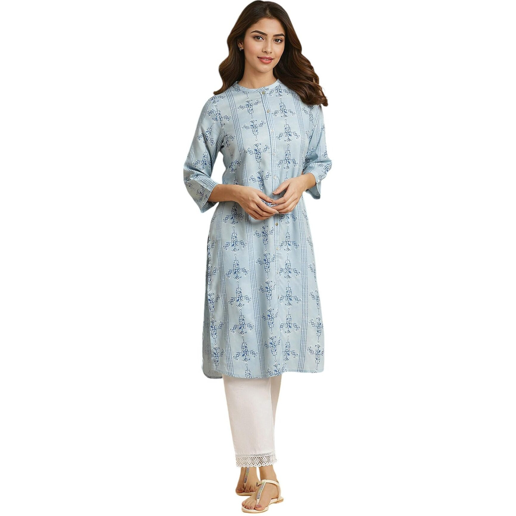 W For Woman Blue Geometric Printed Shirt Kurta_23Auw19916-121809_L_12