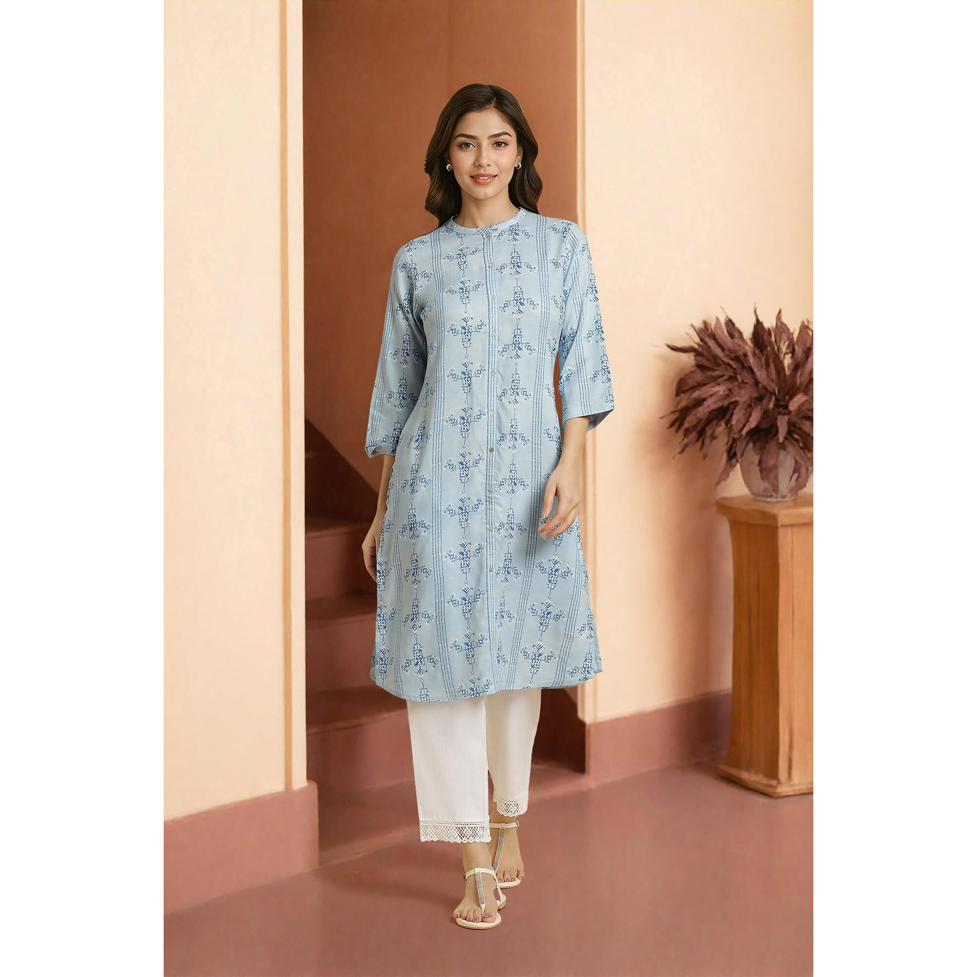 W For Woman Blue Geometric Printed Shirt Kurta_23Auw19916-121809_L_12