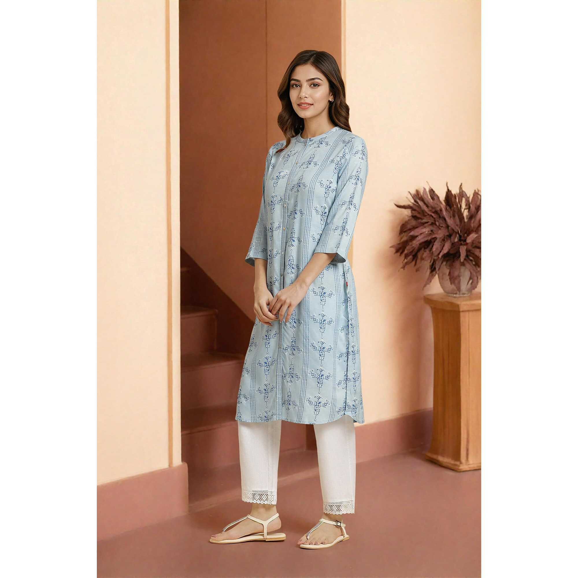W For Woman Blue Geometric Printed Shirt Kurta_23Auw19916-121809_L_12