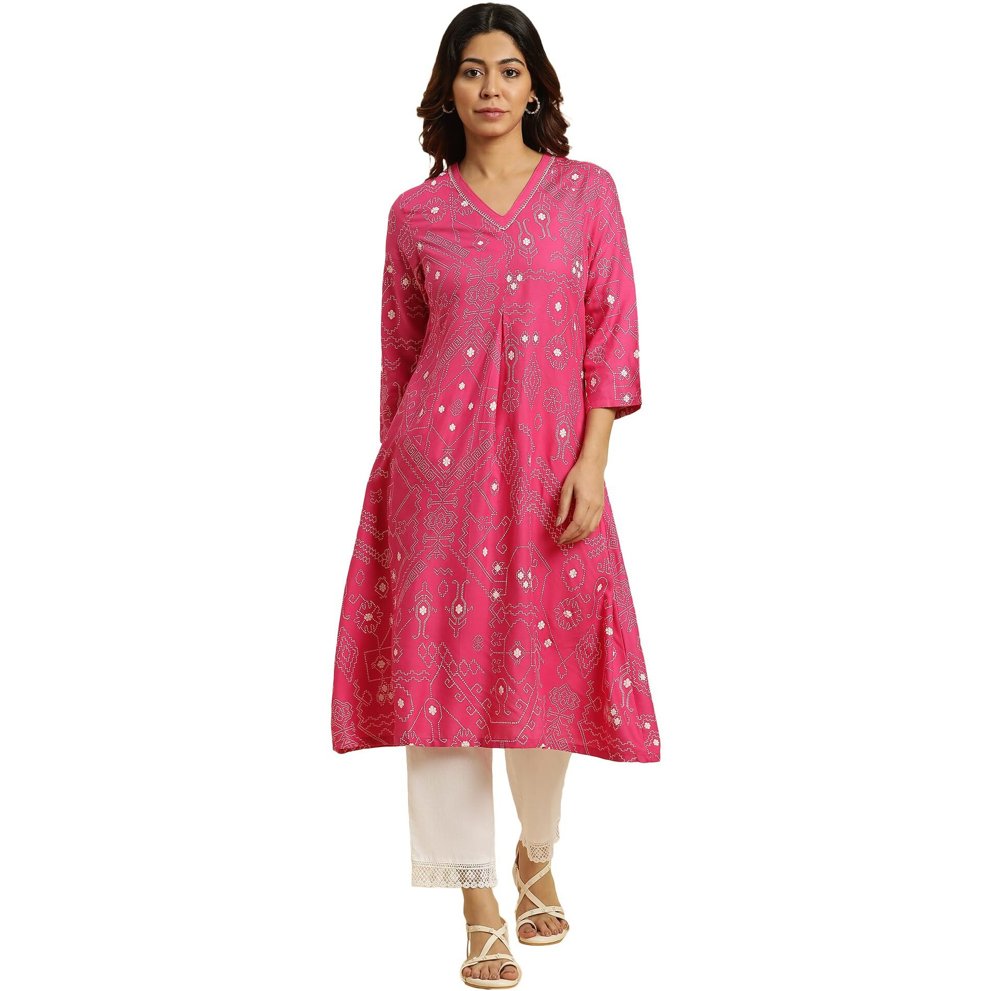 W For Woman Pink Geometric Printed A-Line Kurta (Size M)-23Auw19919-121833