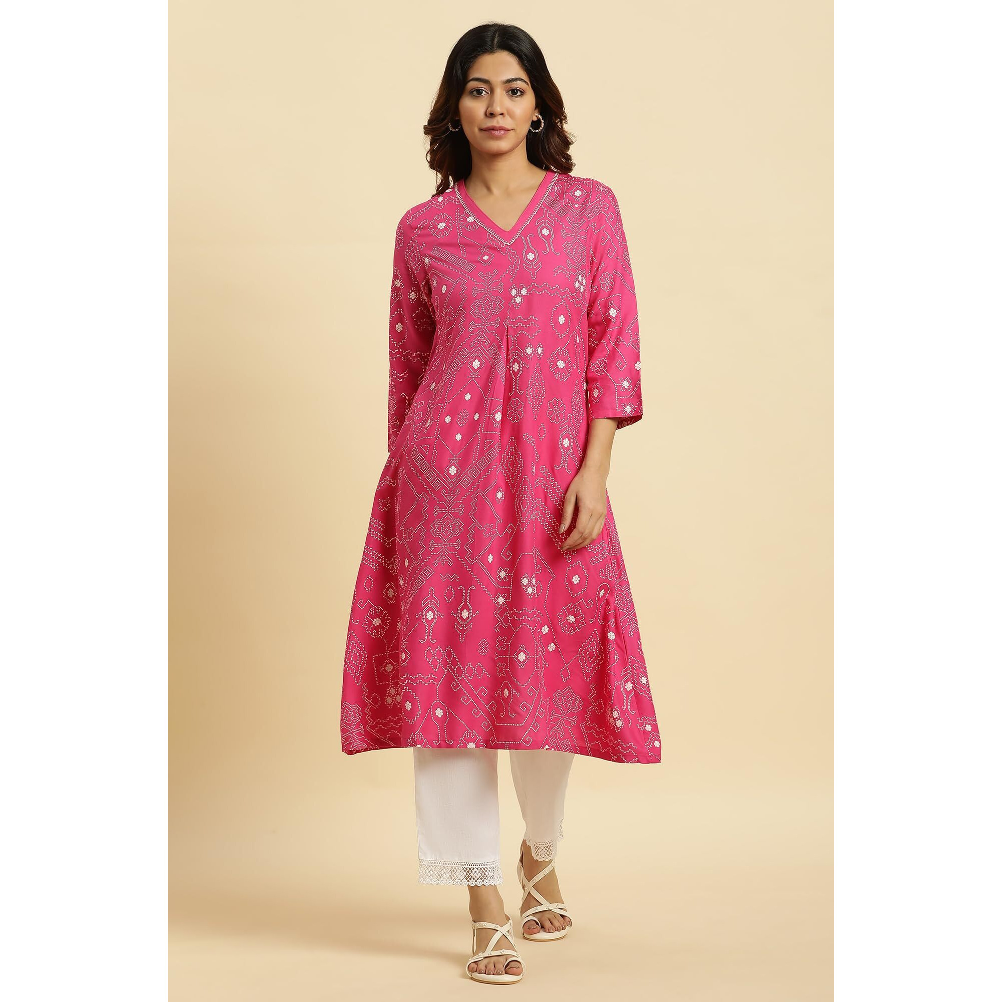 W For Woman Pink Geometric Printed A-Line Kurta (Size M)-23Auw19919-121833