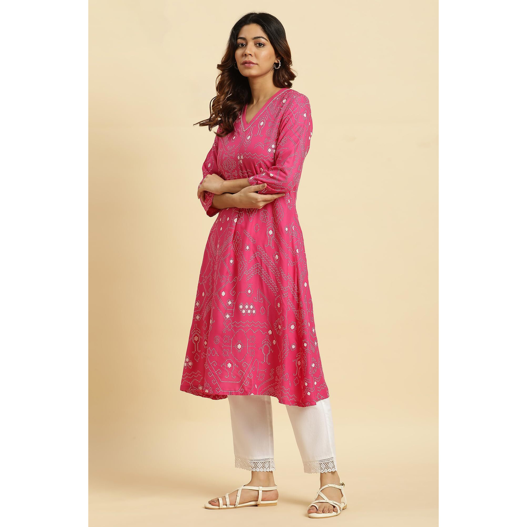 W For Woman Pink Geometric Printed A-Line Kurta (Size M)-23Auw19919-121833