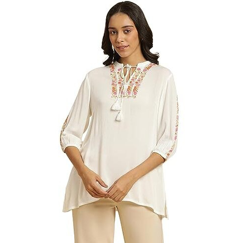 W Ecru Embroidered Rayon Tunic Top For Women