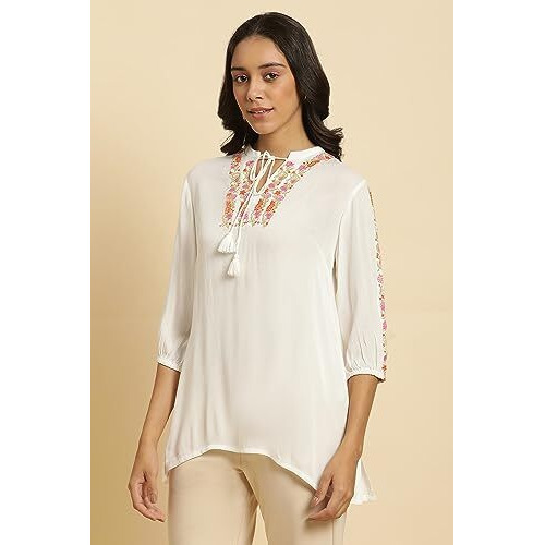 W Ecru Embroidered Rayon Tunic Top For Women