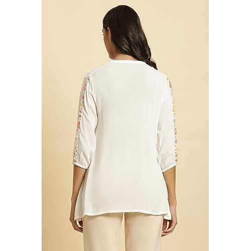 W Ecru Embroidered Rayon Tunic Top For Women