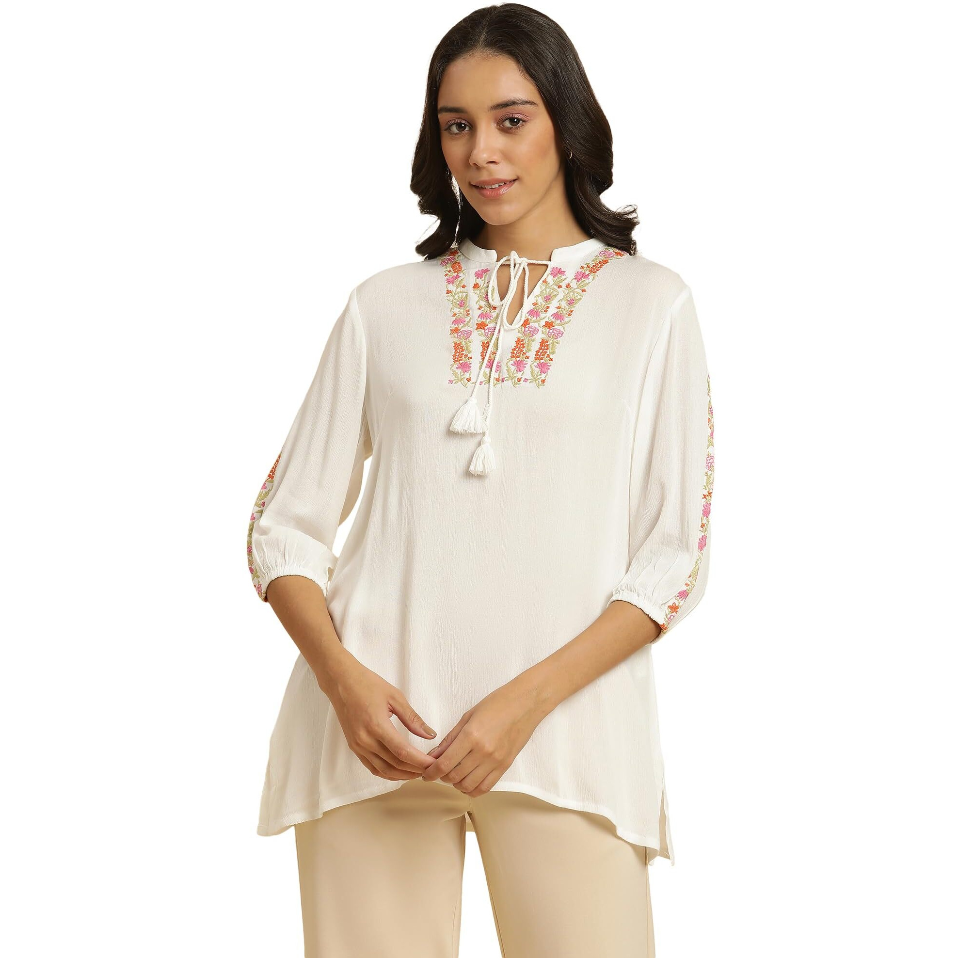 W Ecru Embroidered Rayon Tunic Top For Women