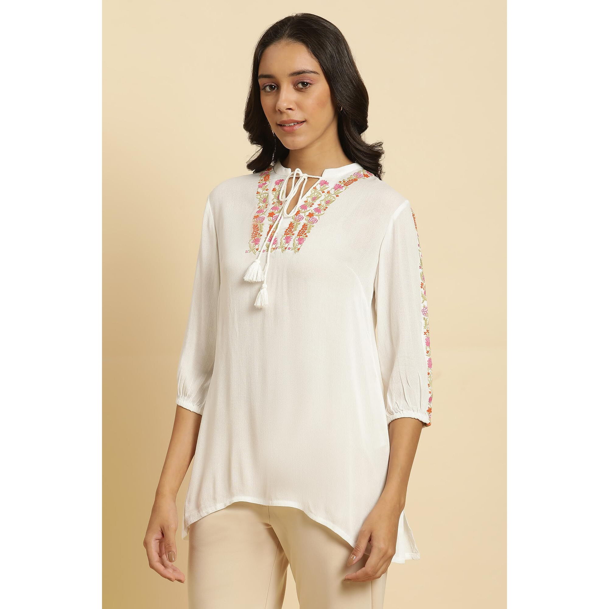 W Ecru Embroidered Rayon Tunic Top For Women