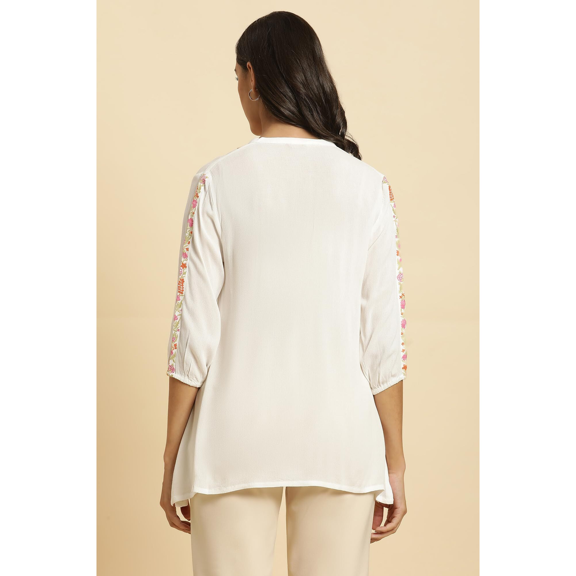 W Ecru Embroidered Rayon Tunic Top For Women