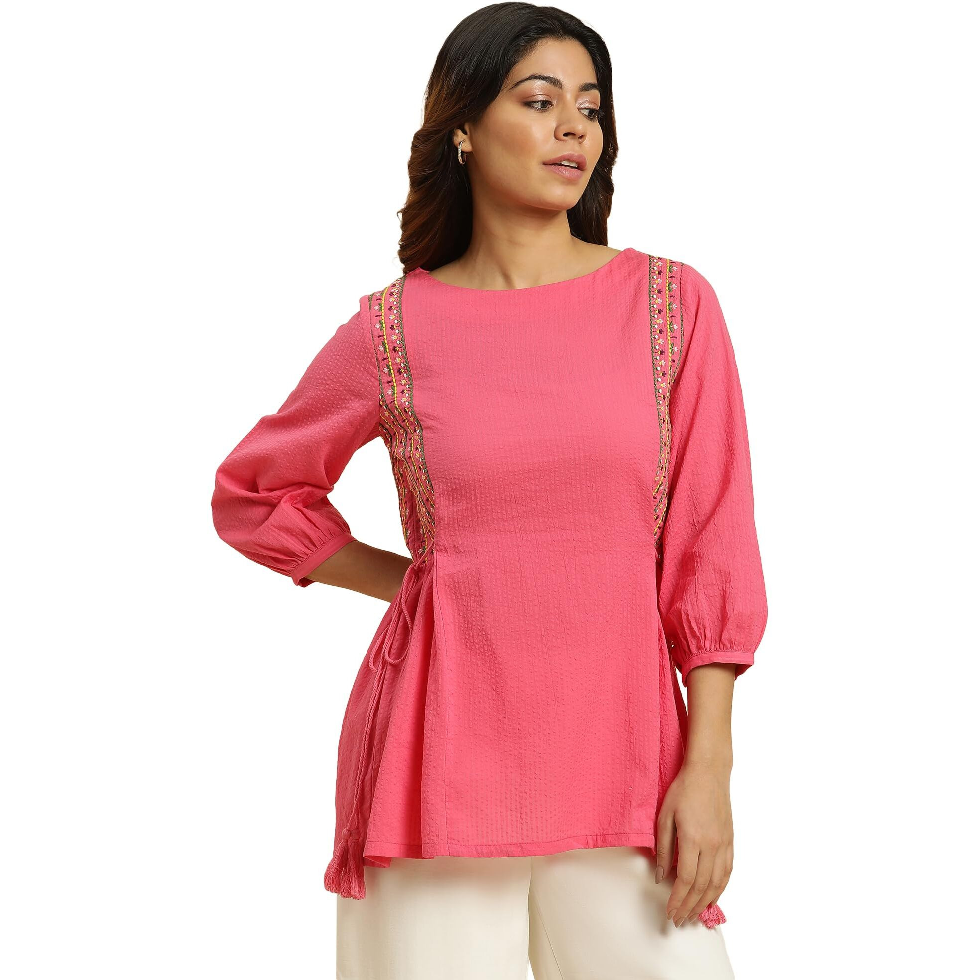 W Pink Textured Cotton Tunic Top For Women