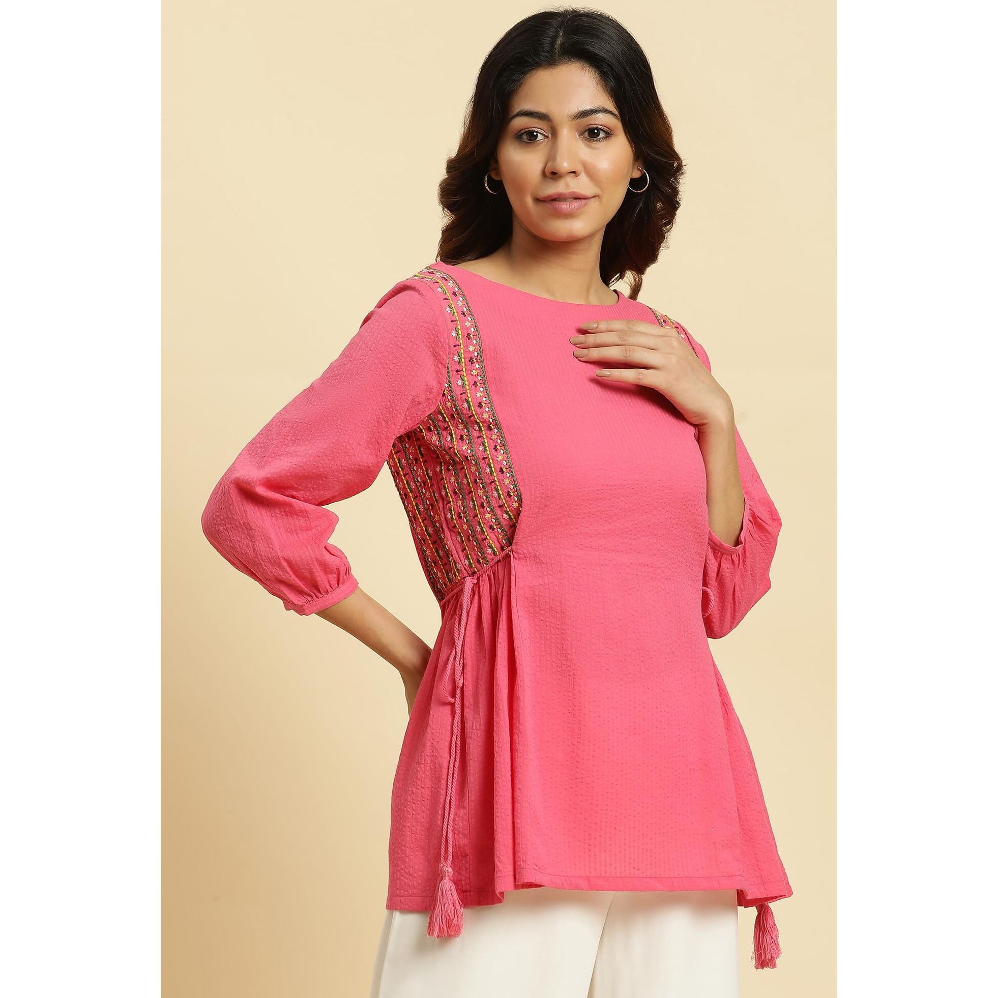 W Pink Textured Cotton Tunic Top For Women