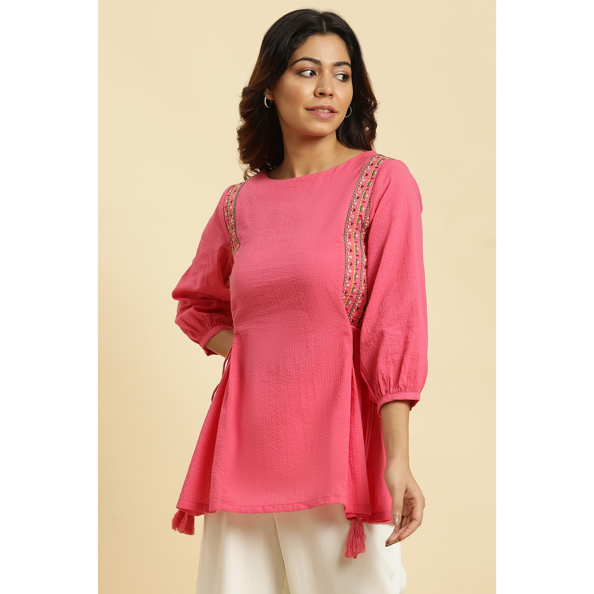 W Pink Textured Cotton Tunic Top For Women