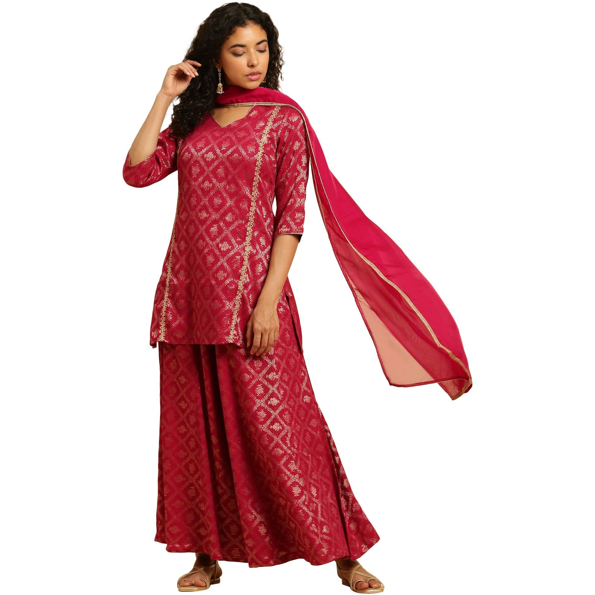 W For Woman Pink Geometric Printed Metallic Embroidered Rayon Kurta Dupatta Bottomwear