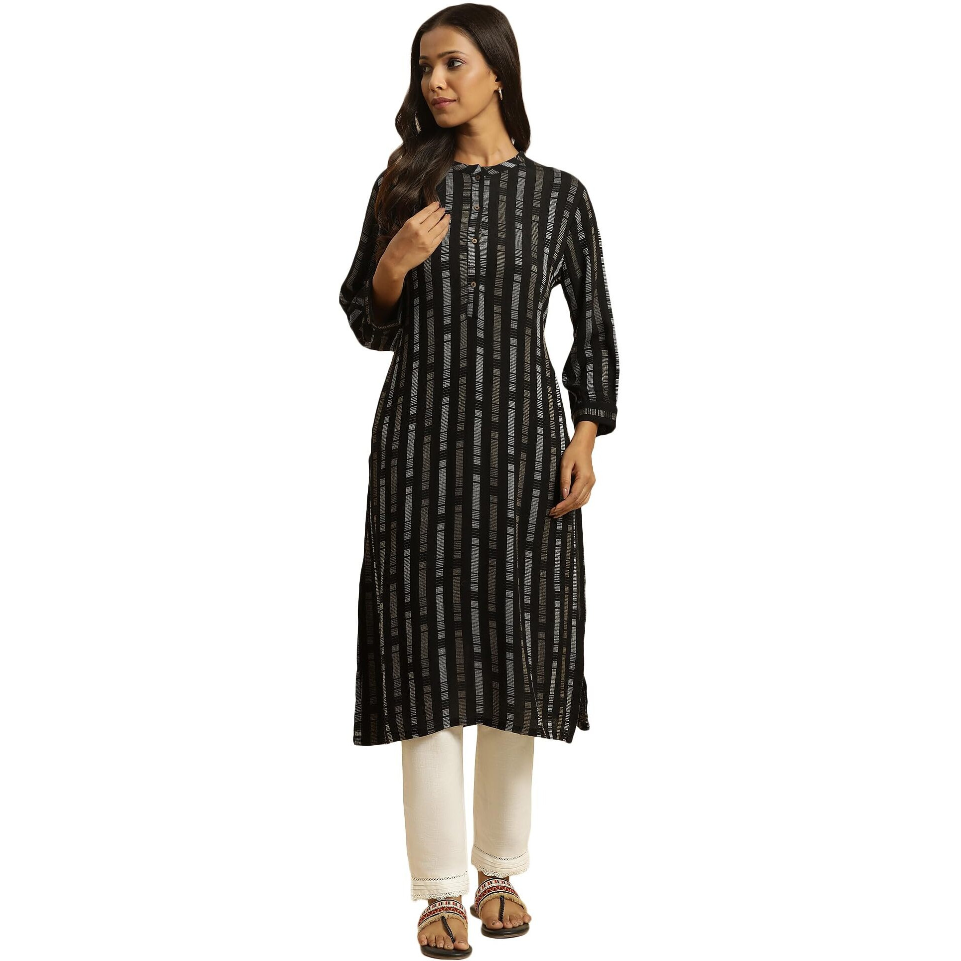 W Black Geometric Printed Straight Long Rayon Kurta For Women