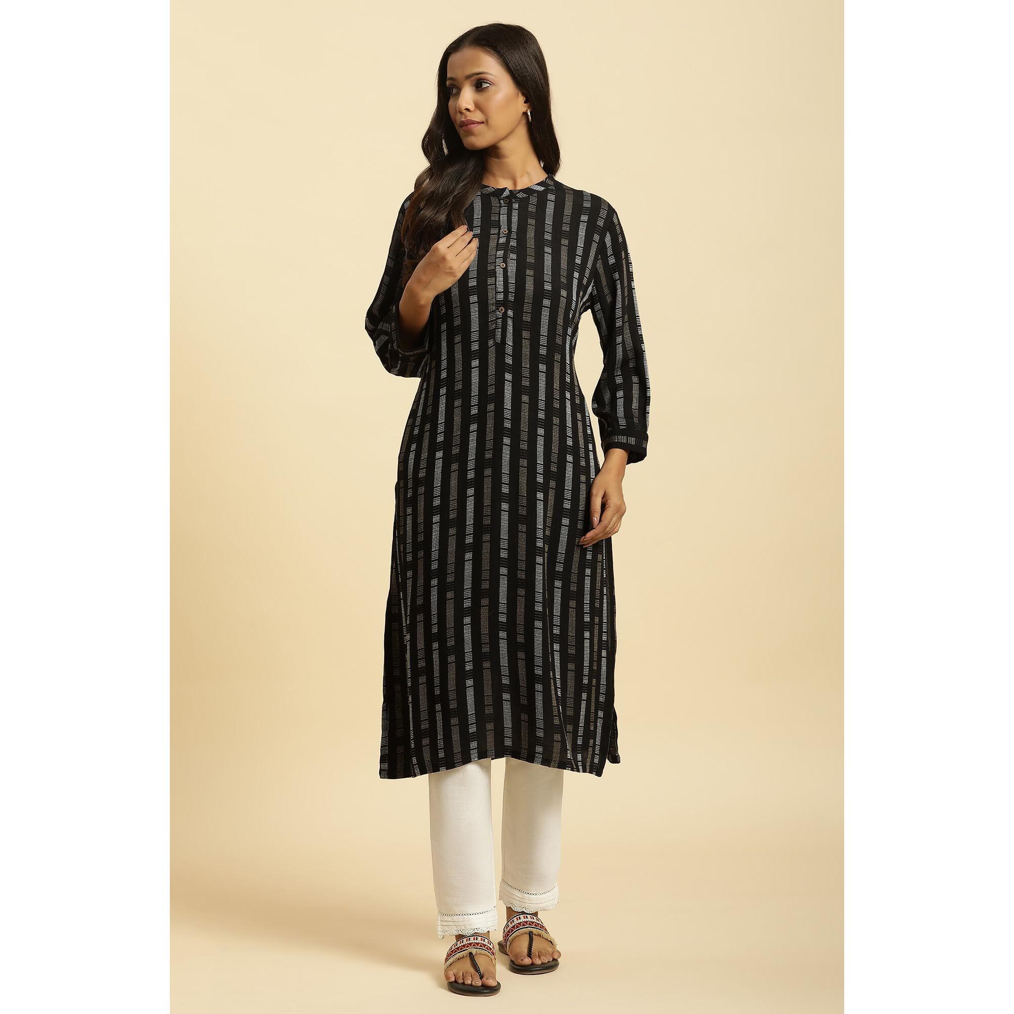 W Black Geometric Printed Straight Long Rayon Kurta For Women