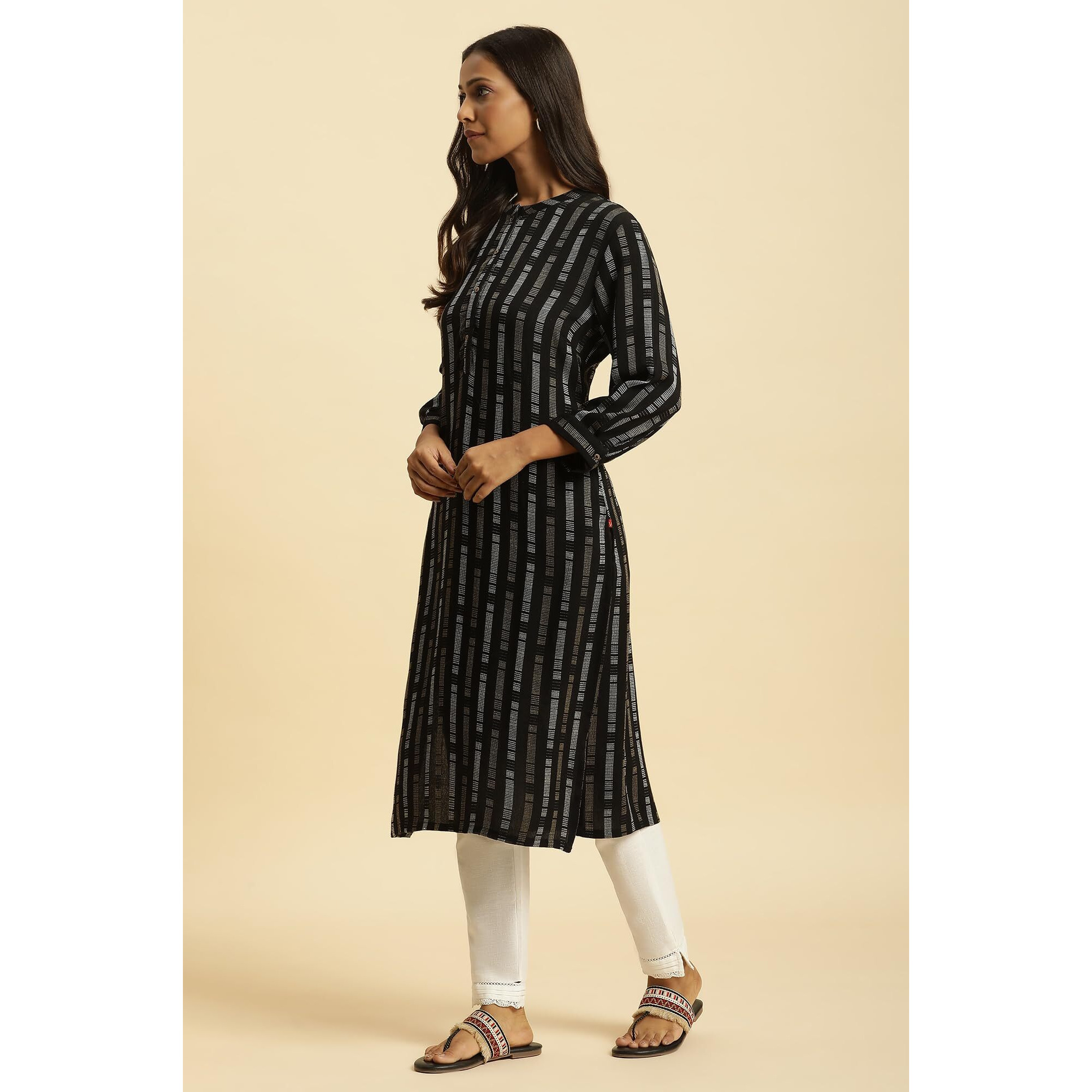 W Black Geometric Printed Straight Long Rayon Kurta For Women