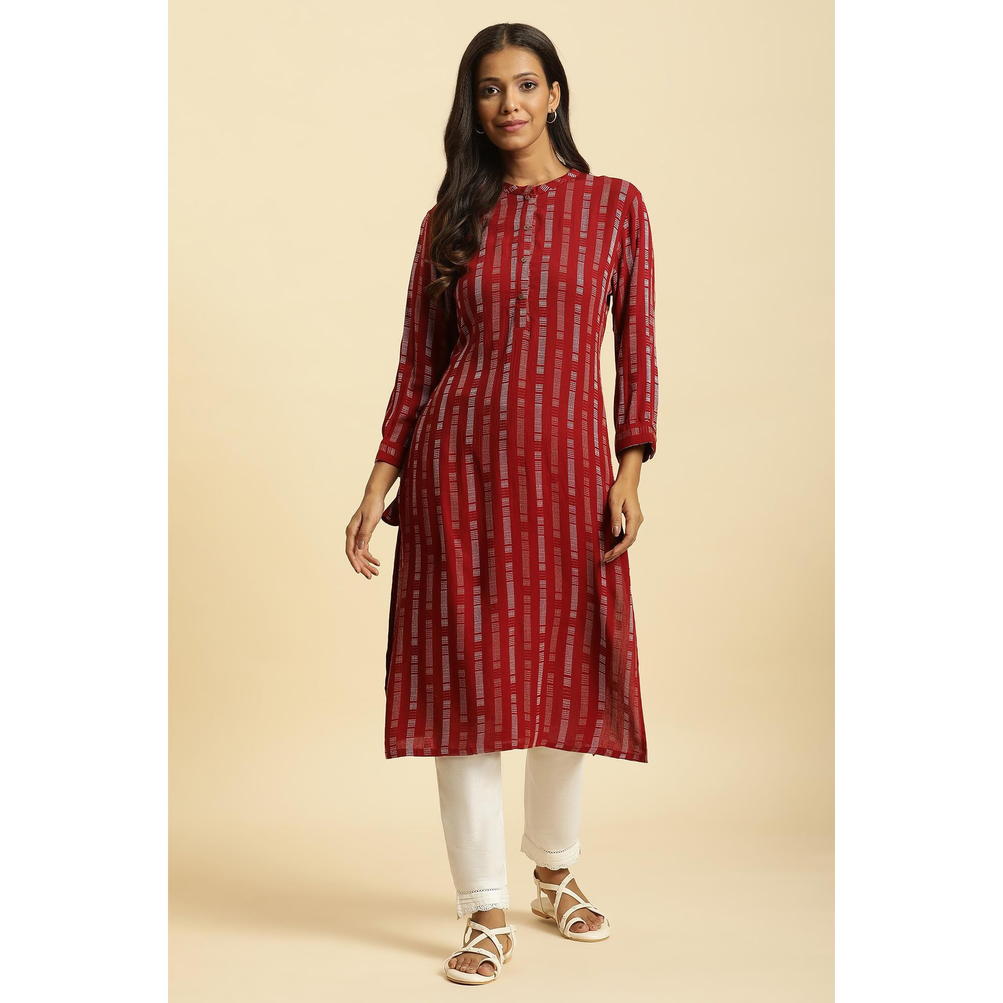 W For Woman Red Printed Mandarin Collar Casual Kurta (Size S)-23Auw19925-312983