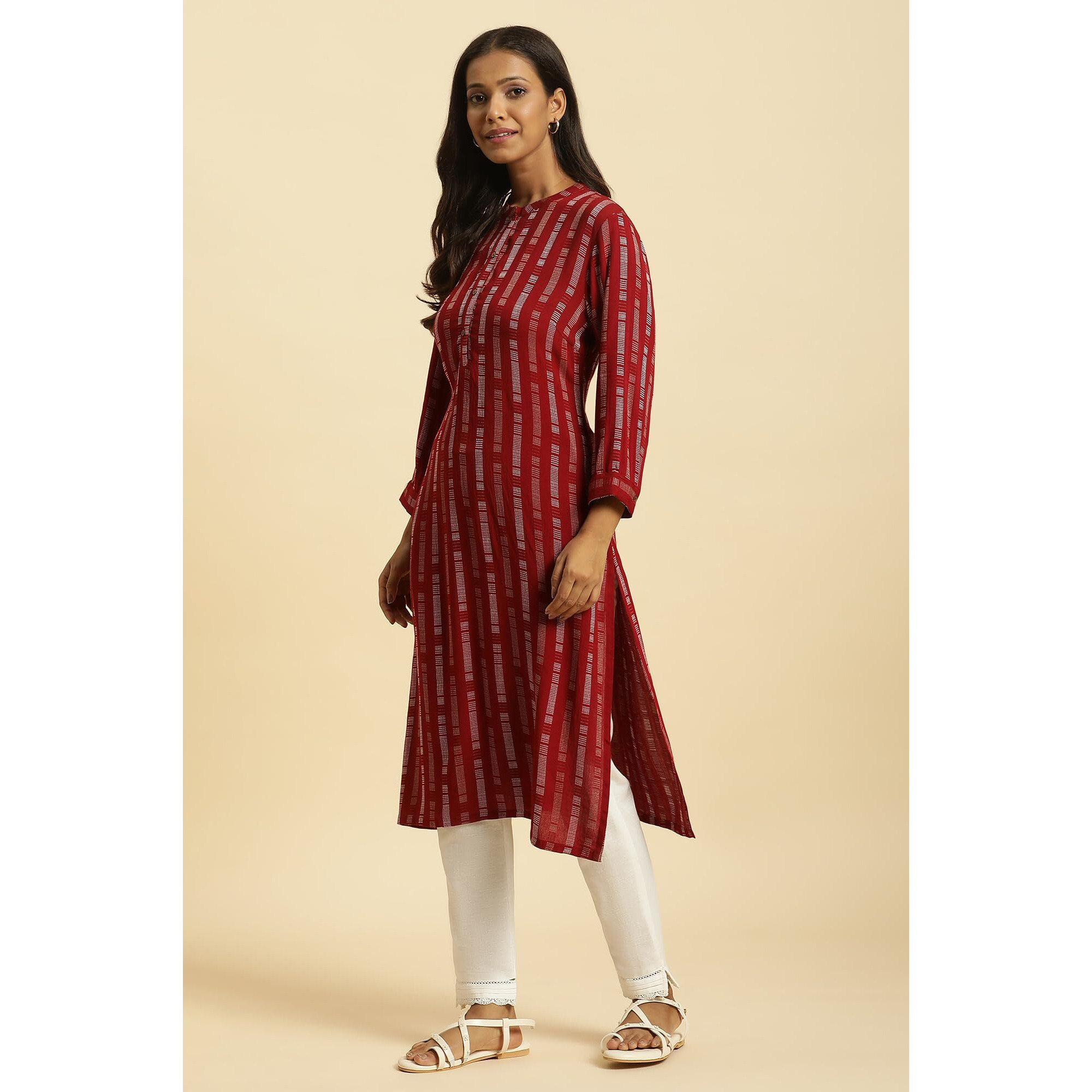 W For Woman Red Printed Mandarin Collar Casual Kurta (Size S)-23Auw19925-312983