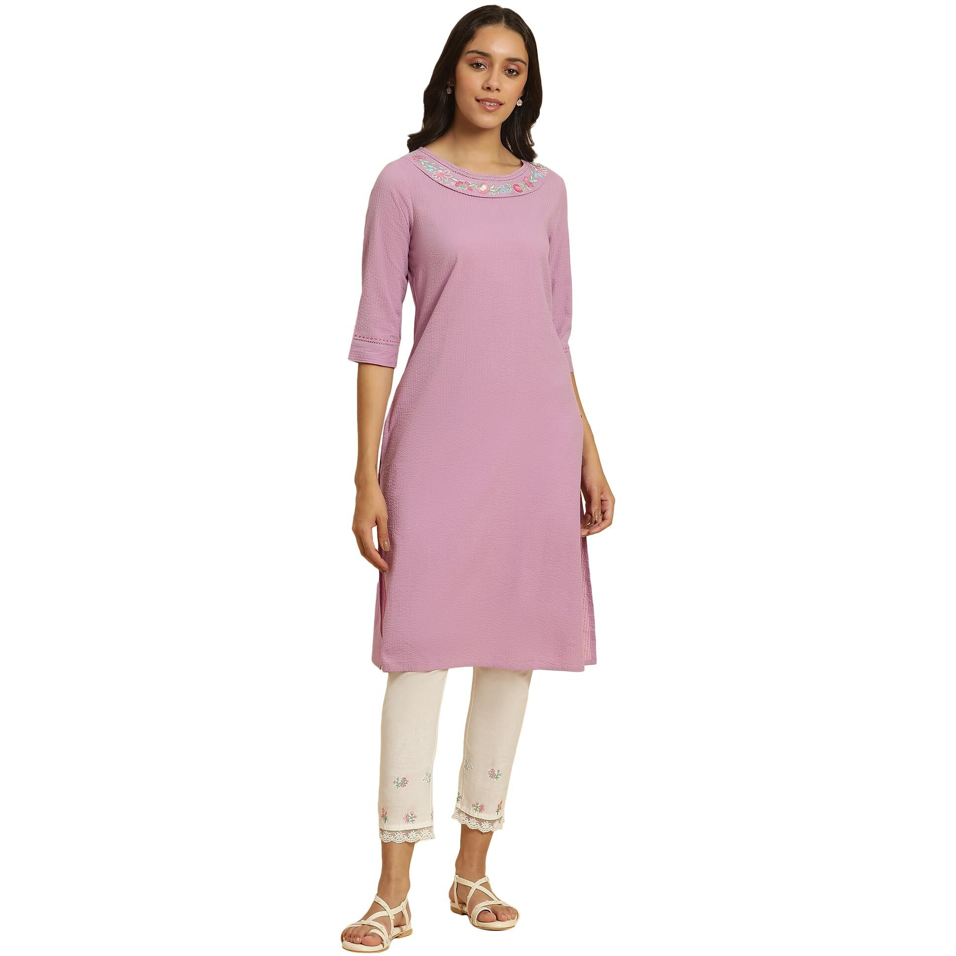 W For Woman Women's Cotton Solid Regular Kurta (23Auw10131-220210_Lilac