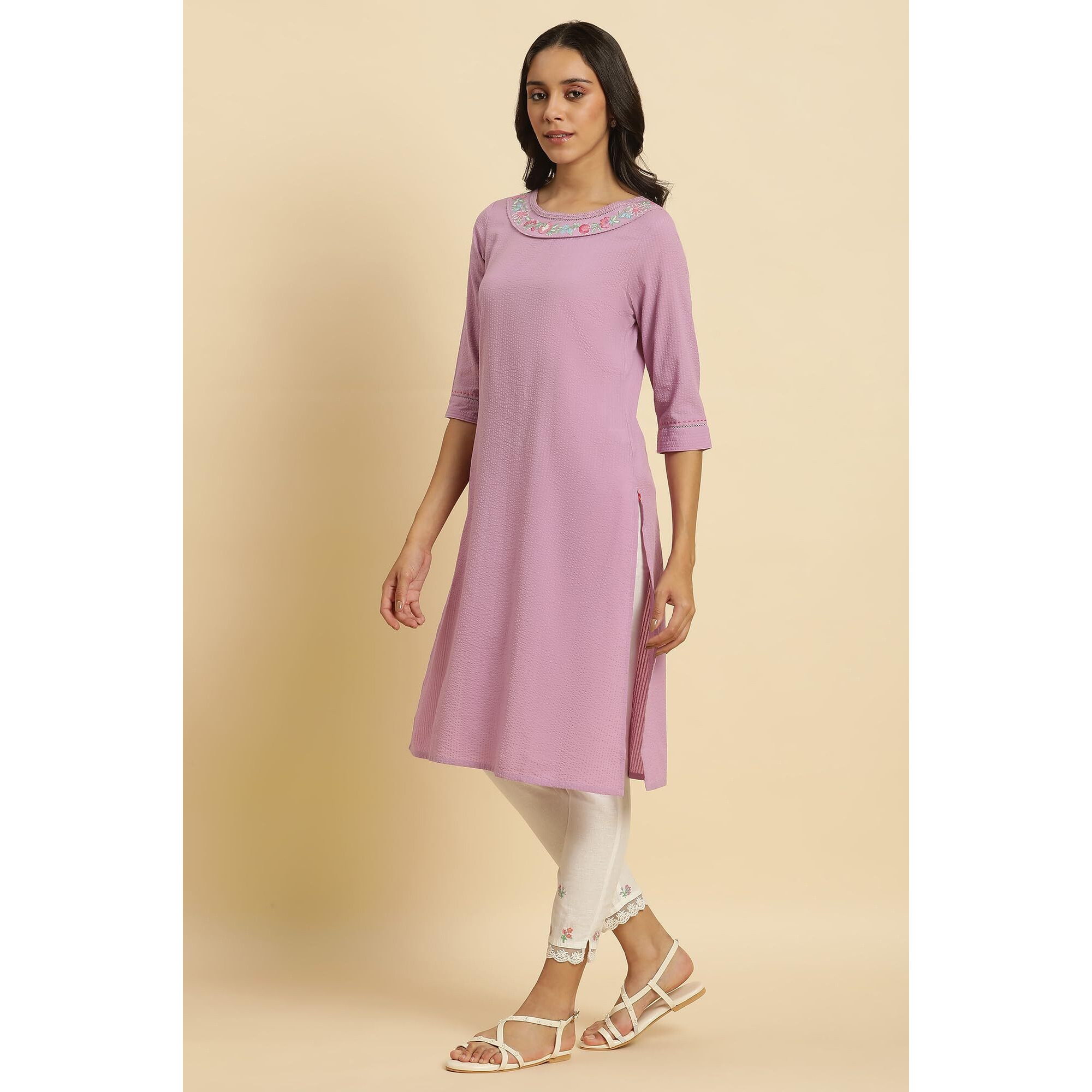 W For Woman Women's Cotton Solid Regular Kurta (23Auw10131-220210_Lilac