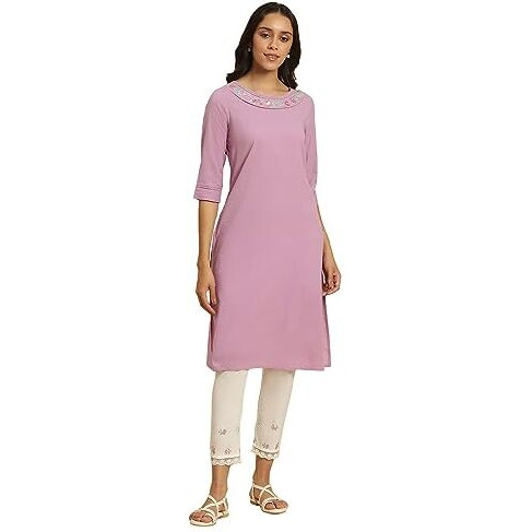 W For Woman Women's Cotton Solid Regular Kurta (23Auw10131-220210_Lilac