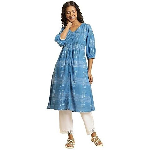 W For Woman Blue Cotton Dobby A-Line Kurta (Size 2Xl)-23Auw19915-312954