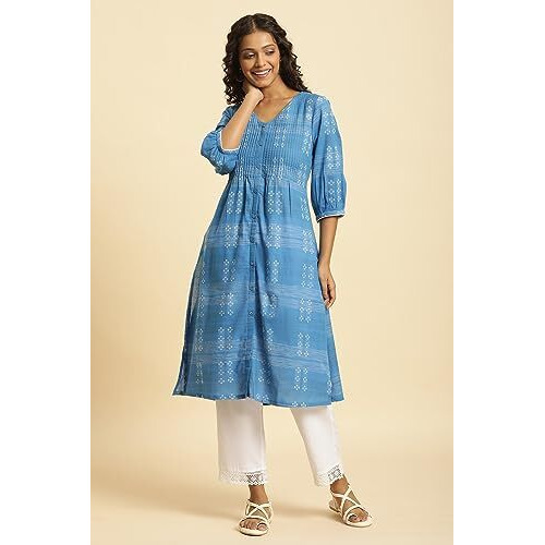 W For Woman Blue Cotton Dobby A-Line Kurta (Size 2Xl)-23Auw19915-312954