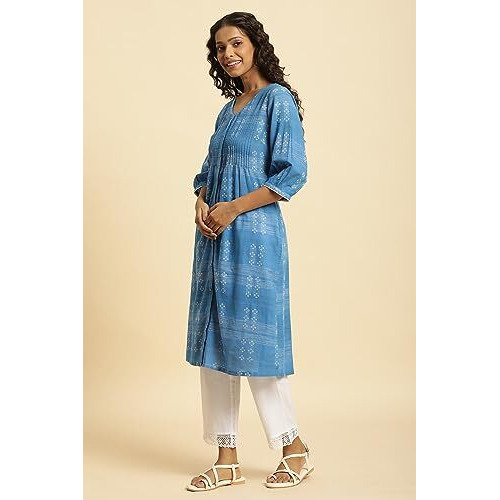 W For Woman Blue Cotton Dobby A-Line Kurta (Size 2Xl)-23Auw19915-312954