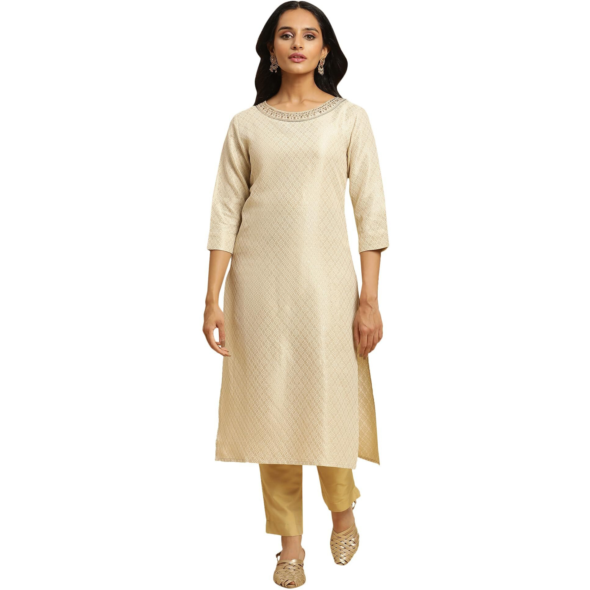 W For Woman Ecru Dobby Embellished Kurta (Size Xs)-23Auw12748-313365