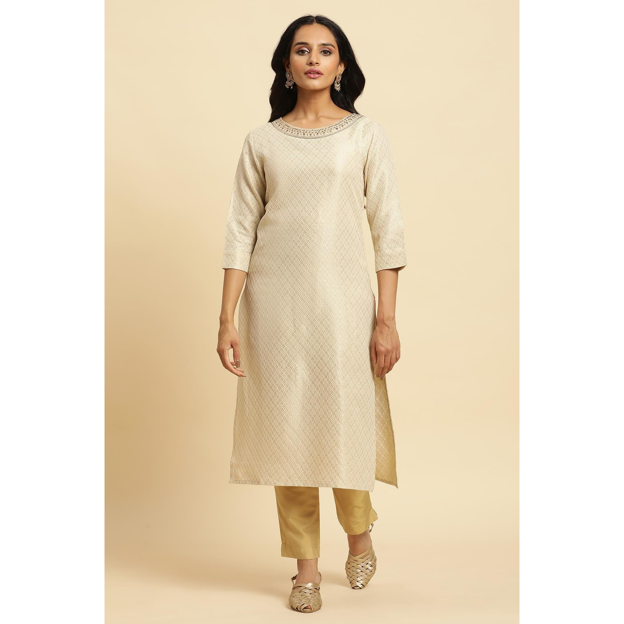W For Woman Ecru Dobby Embellished Kurta (Size Xs)-23Auw12748-313365