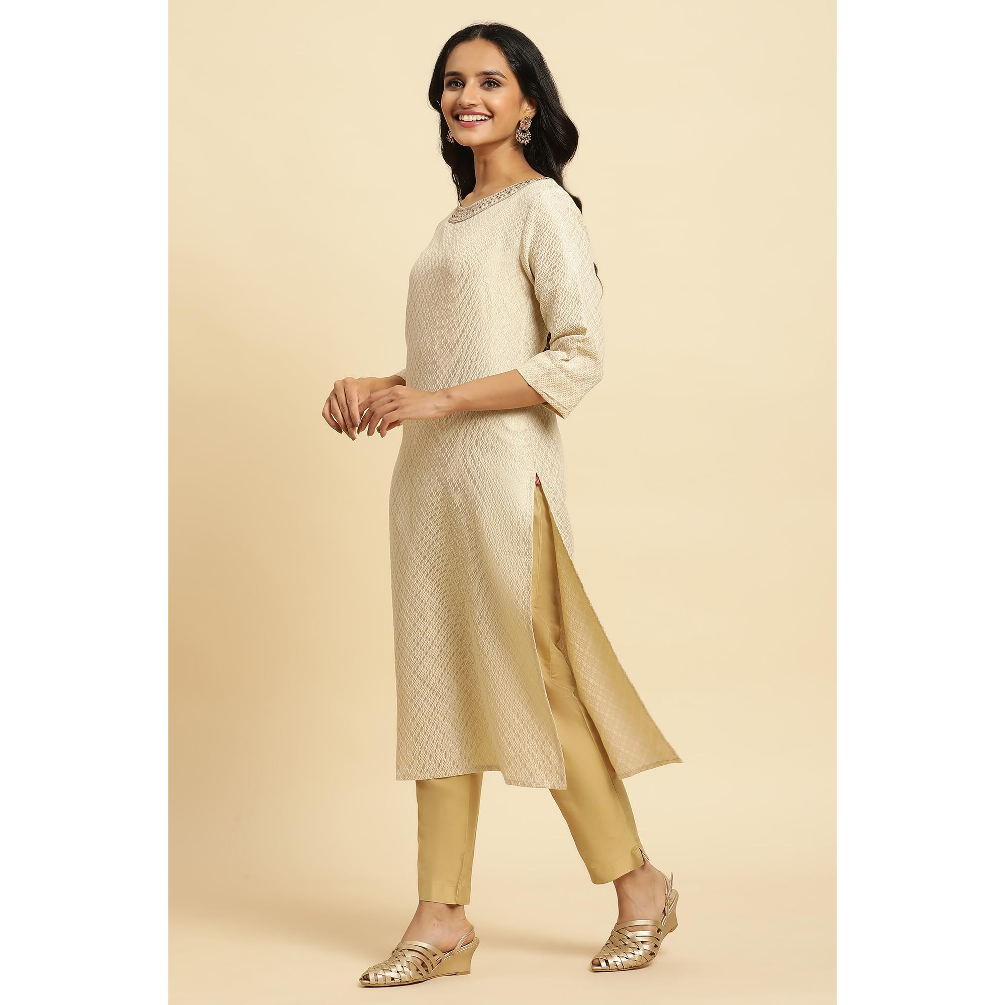 W For Woman Ecru Dobby Embellished Kurta (Size Xs)-23Auw12748-313365