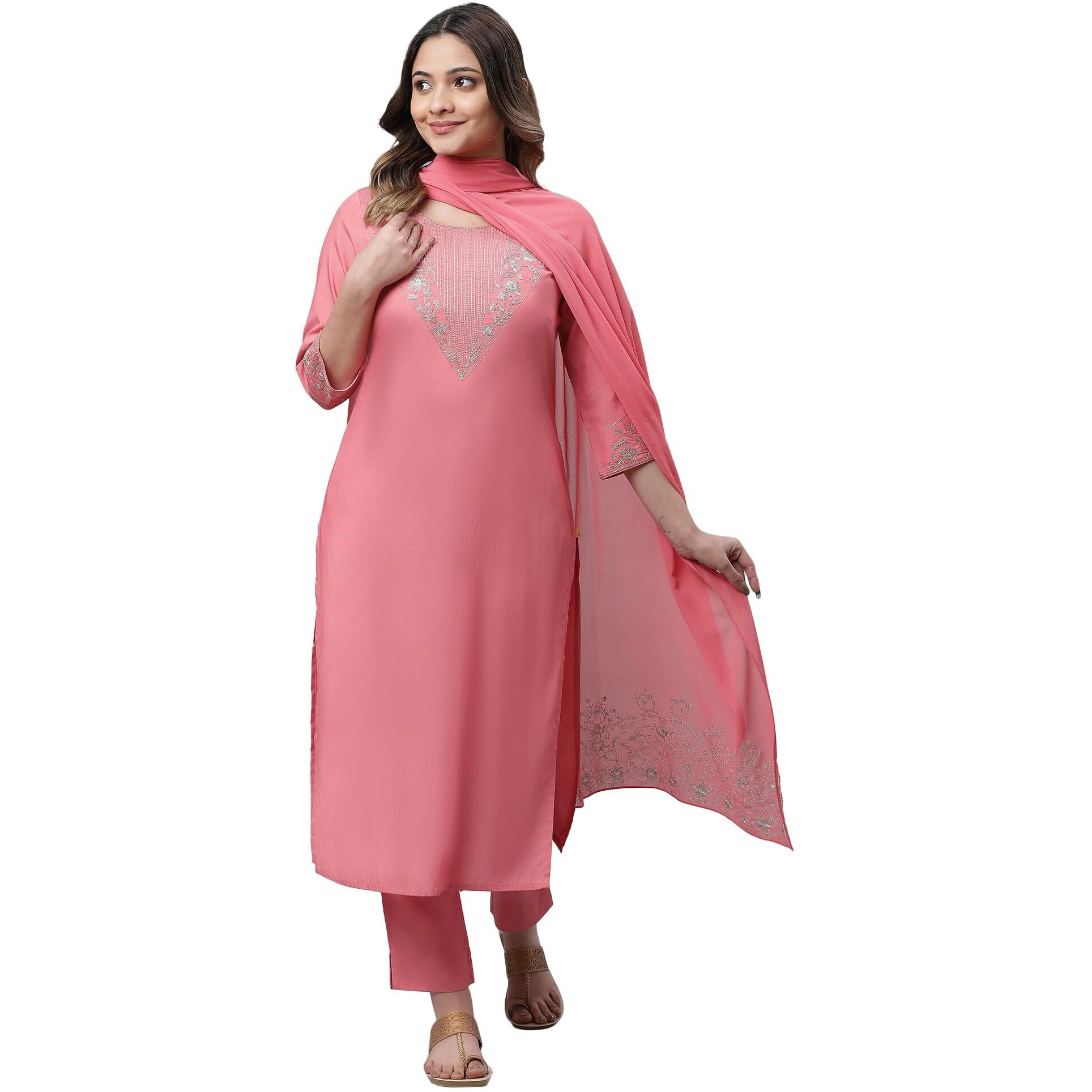 Aurelia Embroidered Pink Blend Zari Kurta Dupatta Bottomwear