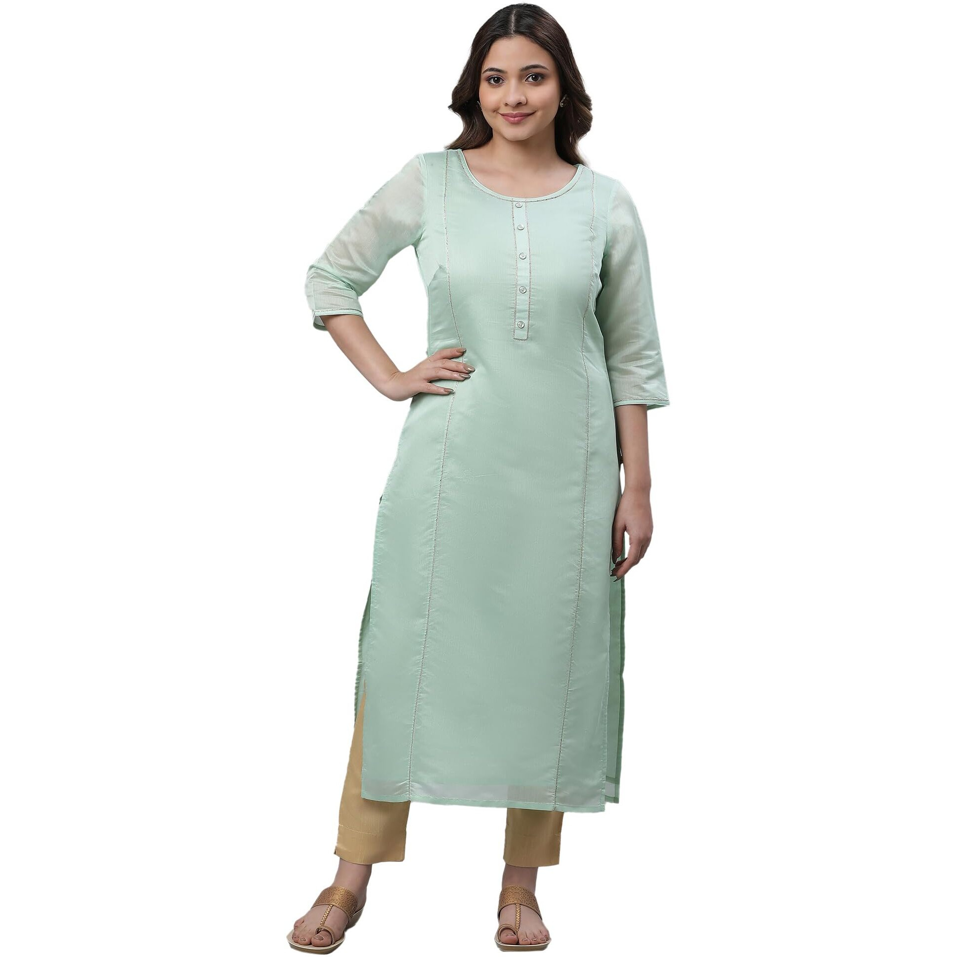 Aurelia Green Solid Blend Straight Long Kurta