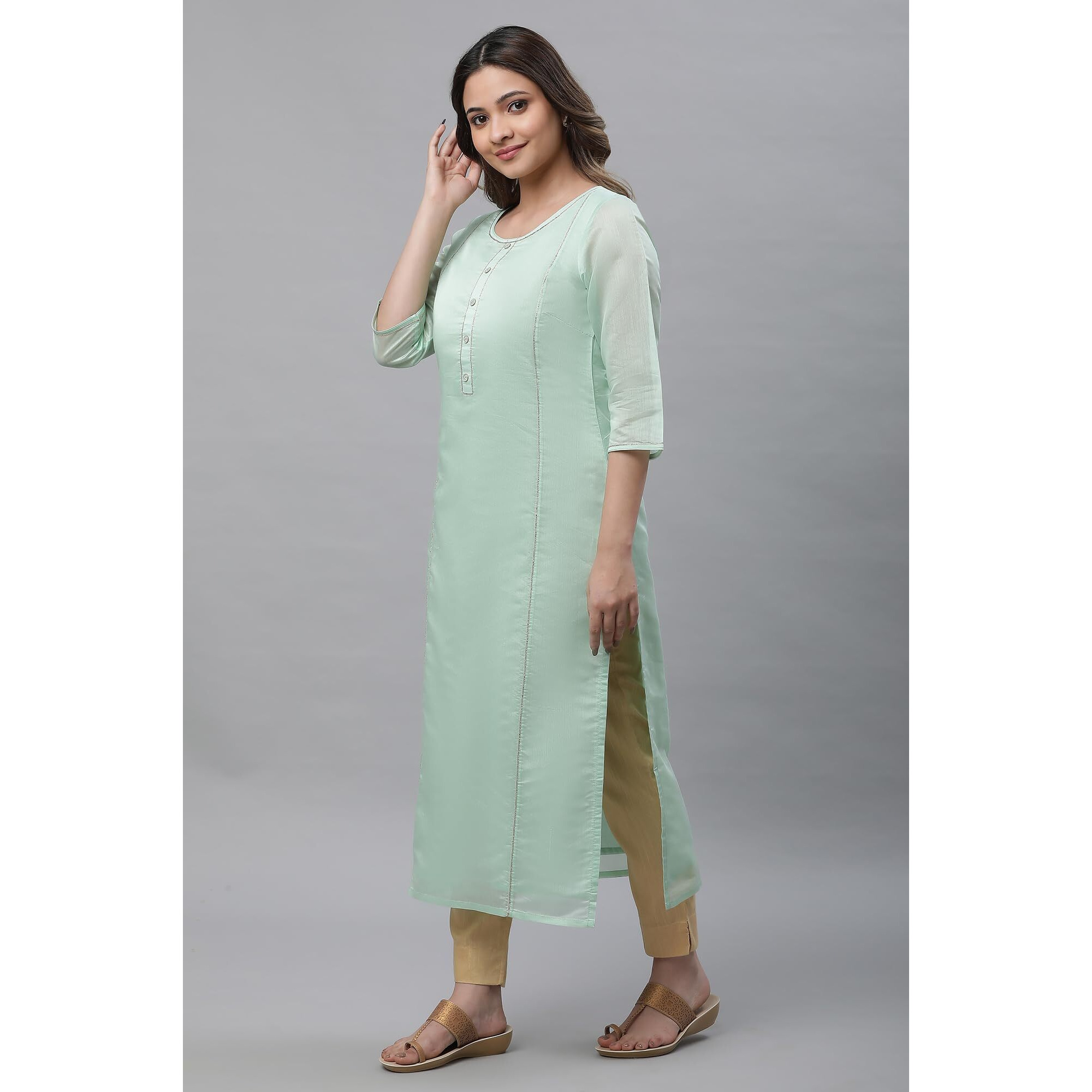 Aurelia Green Solid Blend Straight Long Kurta