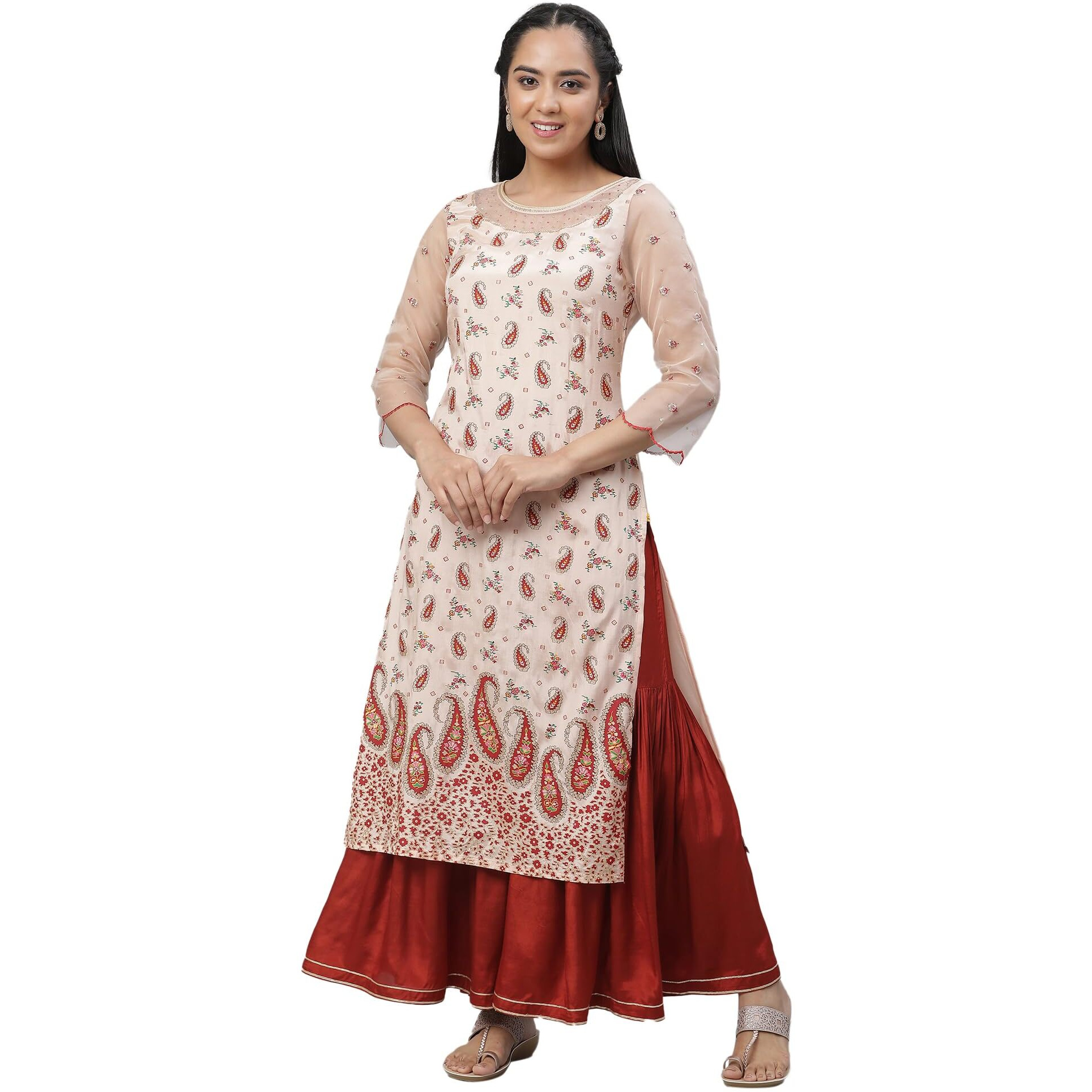 Aurelia Women's Paisley Printed Zari Straight Long Peach Kurta