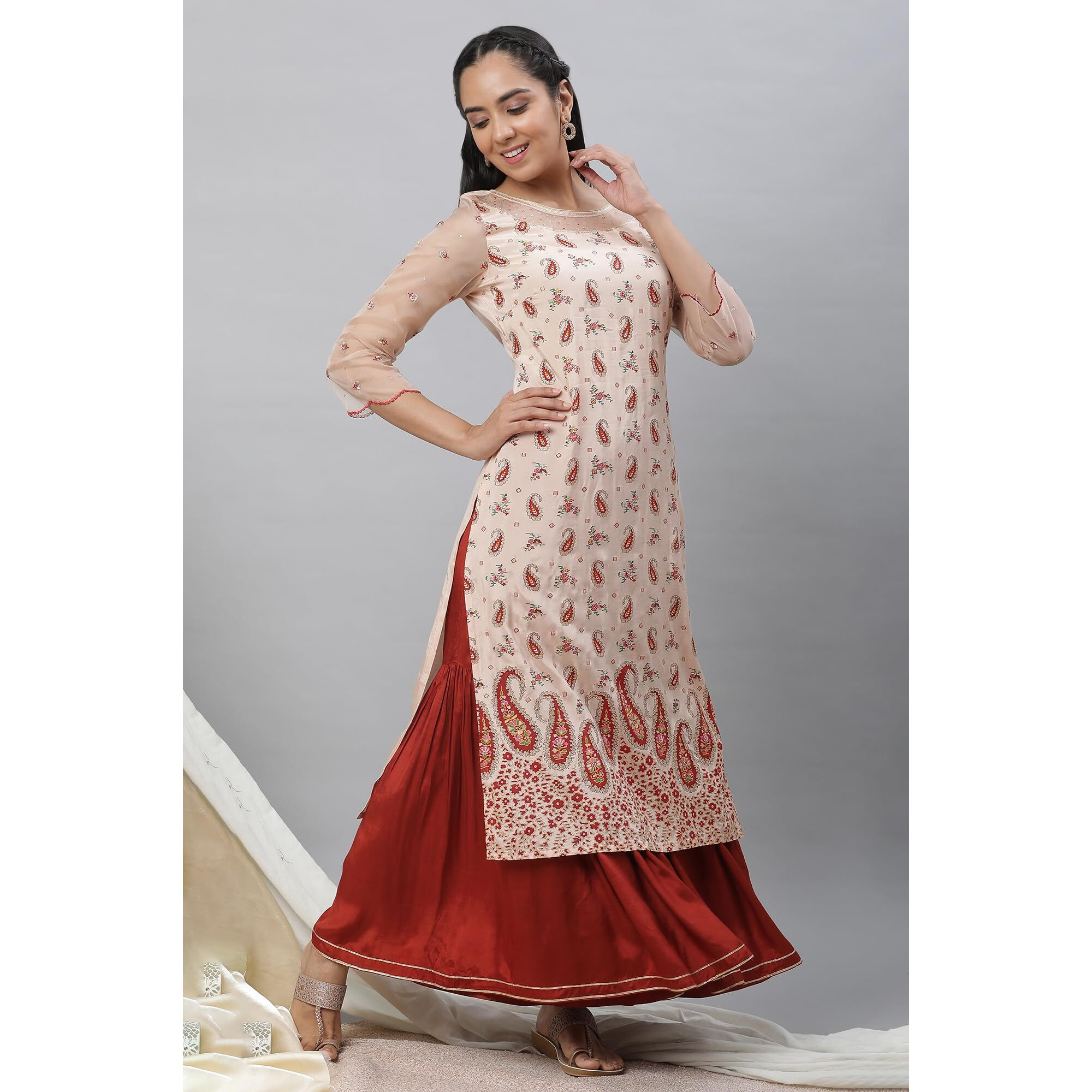 Aurelia Women's Paisley Printed Zari Straight Long Peach Kurta