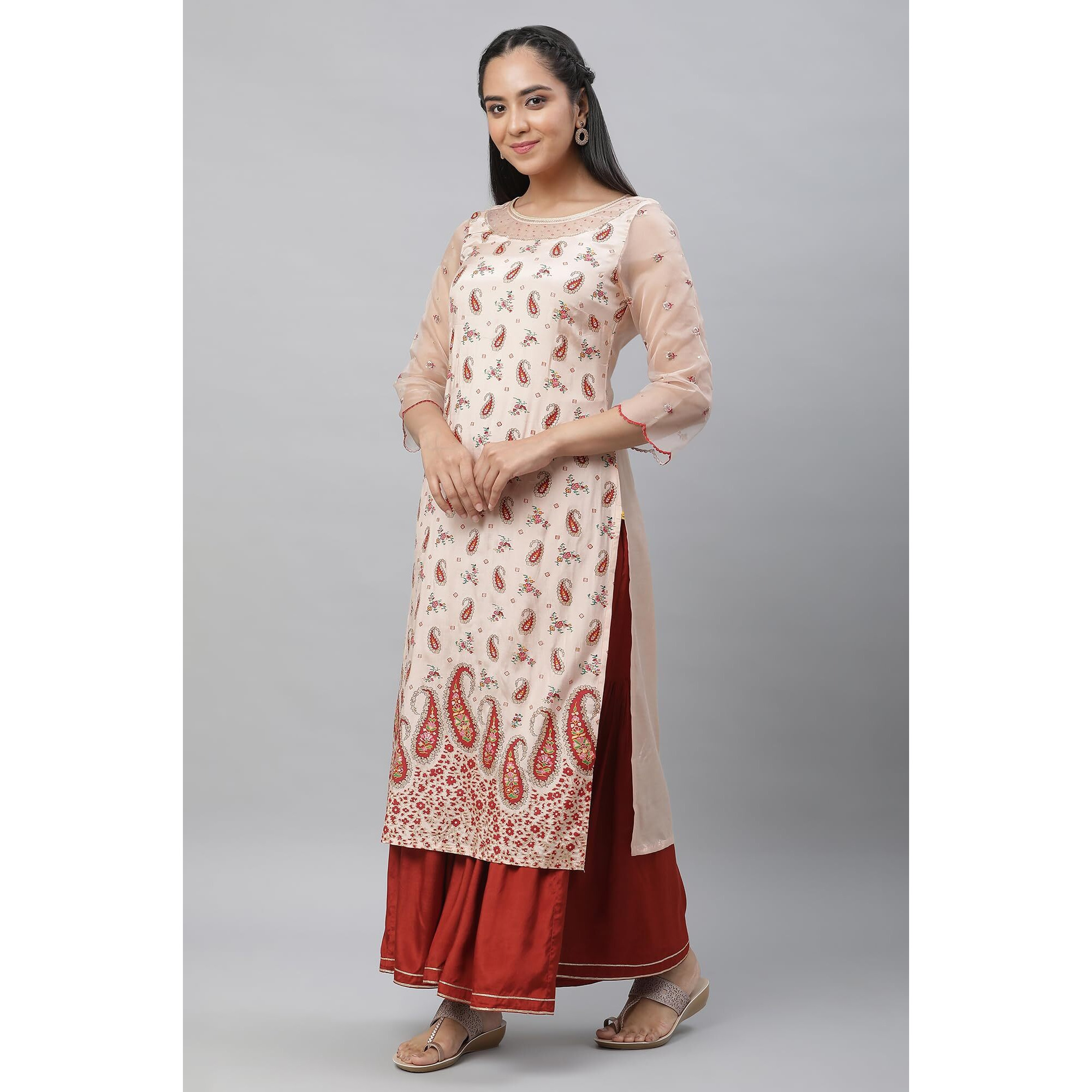 Aurelia Women's Paisley Printed Zari Straight Long Peach Kurta