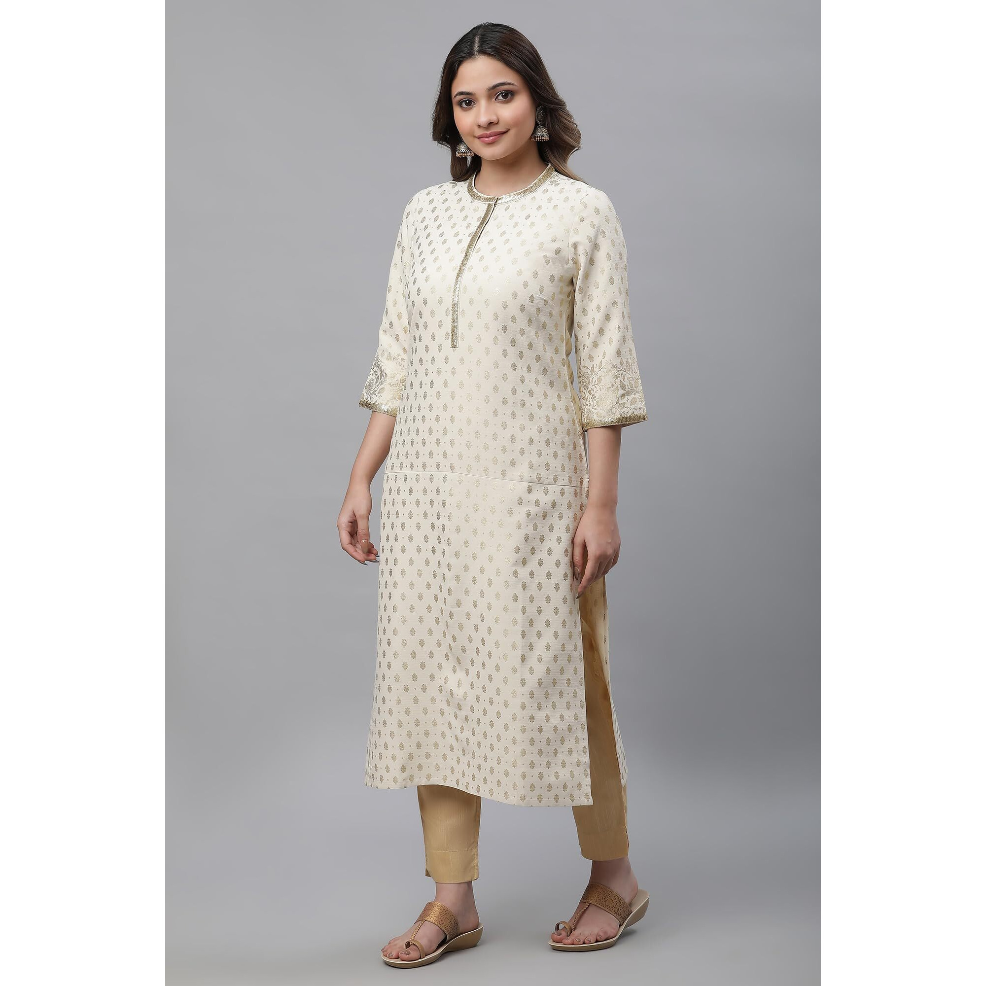 Aurelia Beige Foil Pattern Rayon Blend Regular Kurta