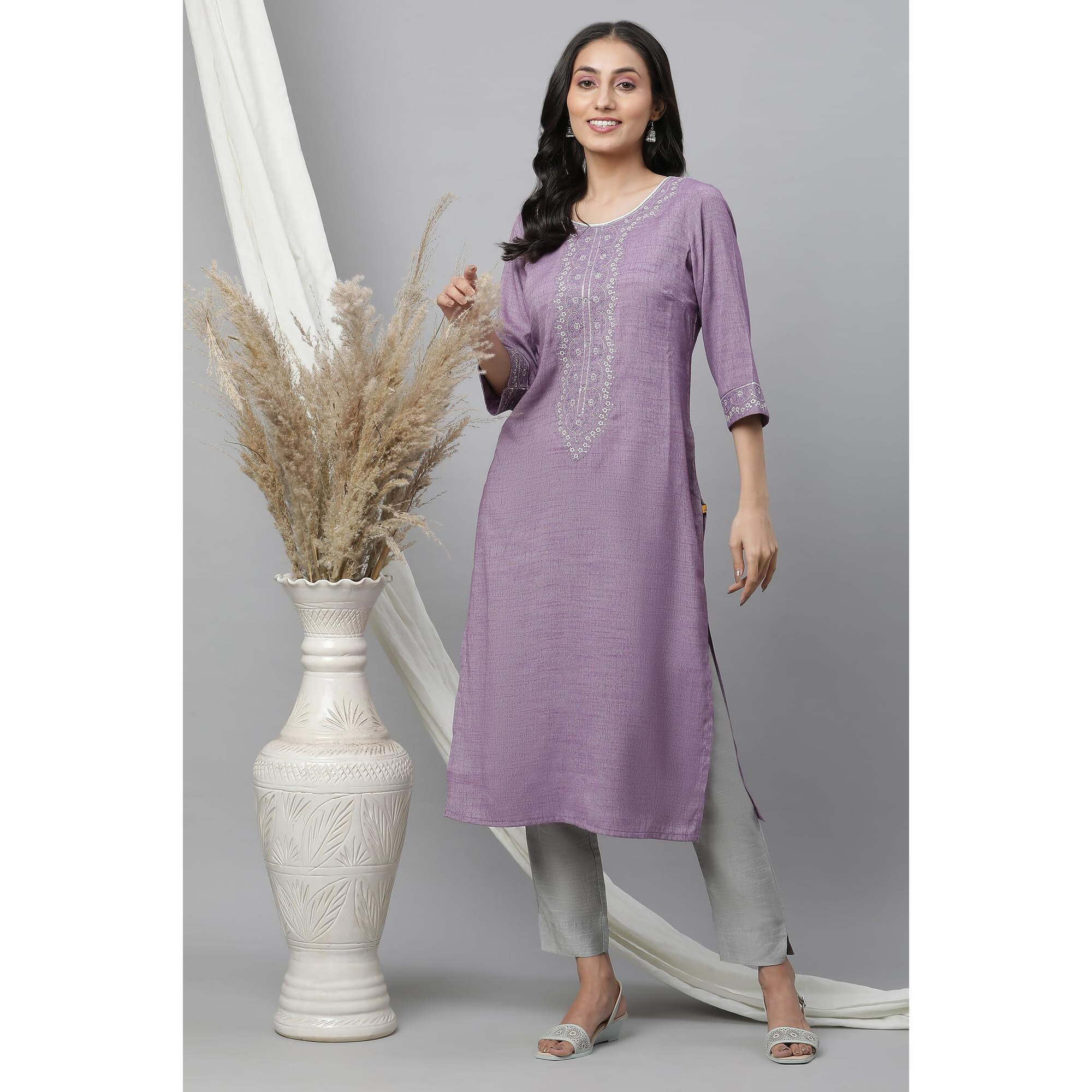 Aurelia Purple Embroidered Blend Straight Long Kurta