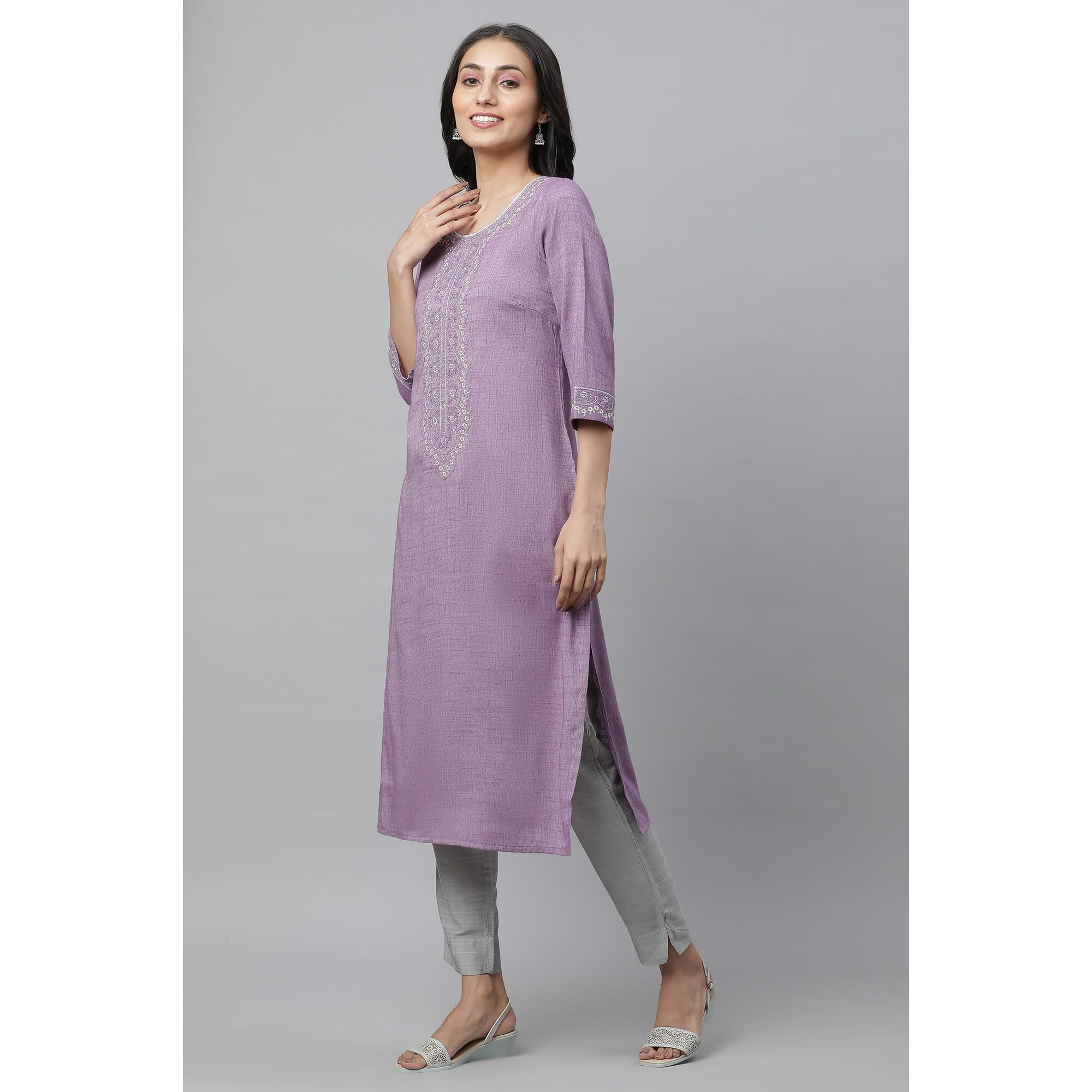 Aurelia Purple Embroidered Blend Straight Long Kurta
